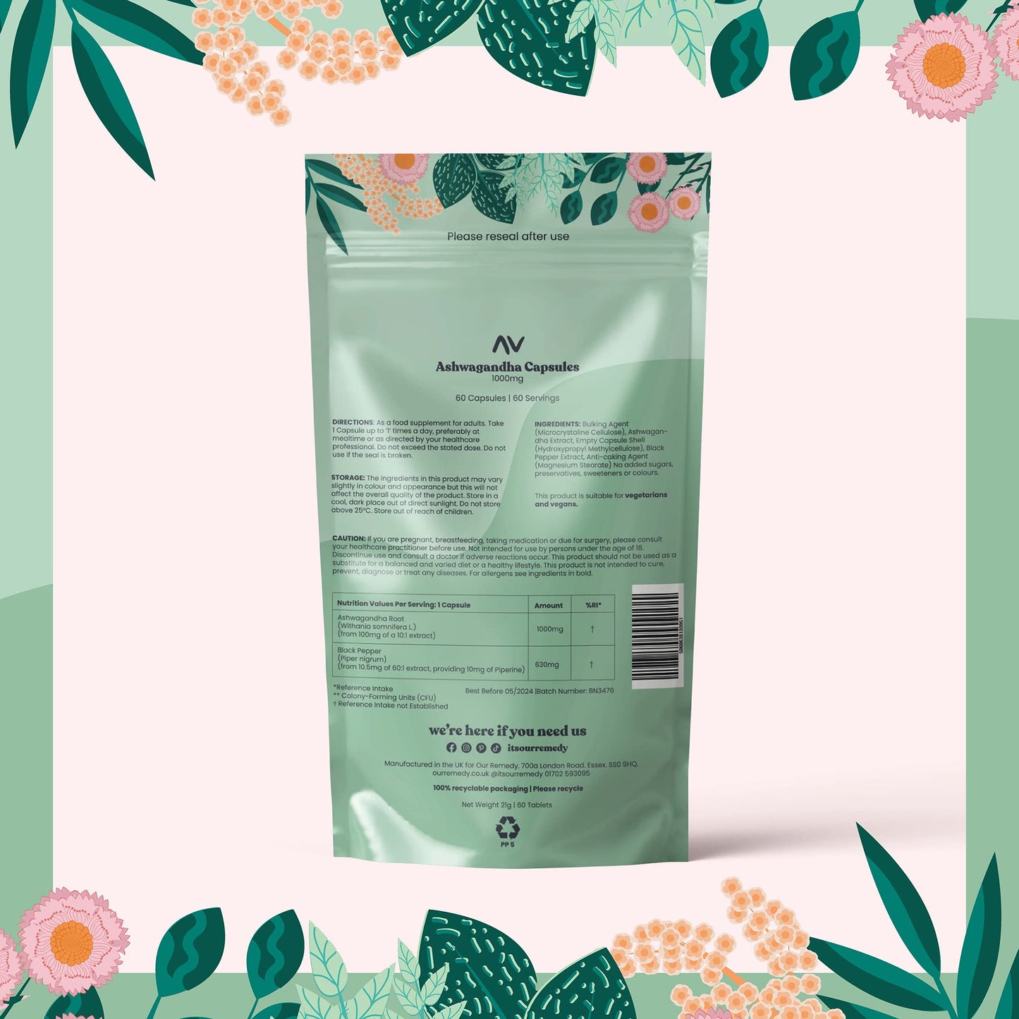 Our Remedy Ashwagandha Capsules for Women 1000mg with Black Pepper for Fast & Effective Absorption — Made by Women, for Women! Natural, Vegan & Plastic Free — 60 One-a-Day Tablets