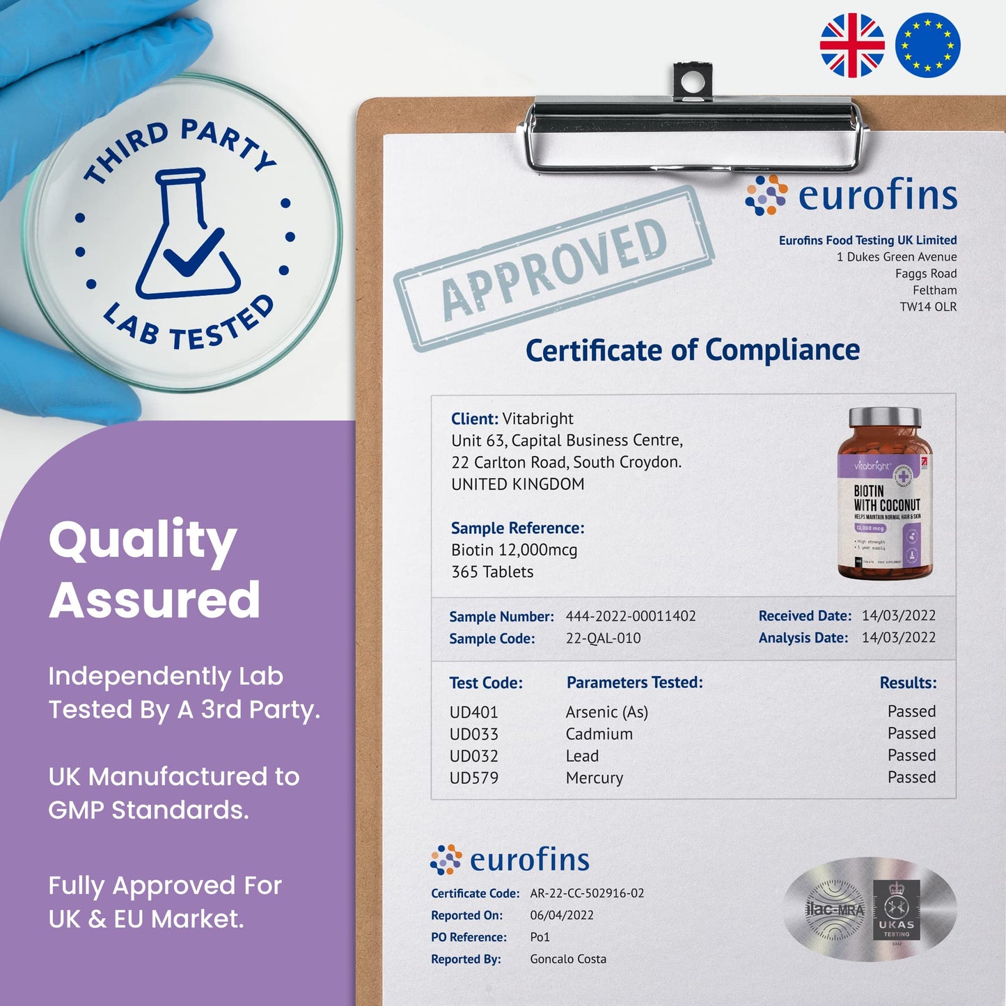 Biotin Hair Growth Vitamins, 12000 mcg Biotin Tablets, 365 Vegan Biotin Tablets, Support Hair Growth, Hair Skin & Nails Vitamins for Hair Loss for Women & Men, VitaBright Biotin Supplements + Coconut