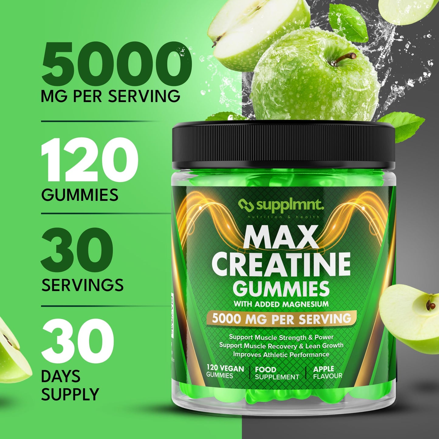 Creatine 120 Gummies Max 5000mg for Men and Women Creatine Monohydrate with Added Magnesium - Chewable Gummies, Apple Flavour (1 Month Supply)