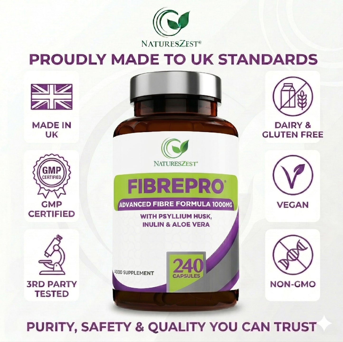 Natures Zest FibrePro 1000mg - Fibre Supplement -240 Psyllium Husk Capsules | High Strength Fiber Supplement Enriched with Prebiotic Inulin, Aloe Vera & Flaxseed | Vegan, Non GMO| UK Made - 4 Month Supply
