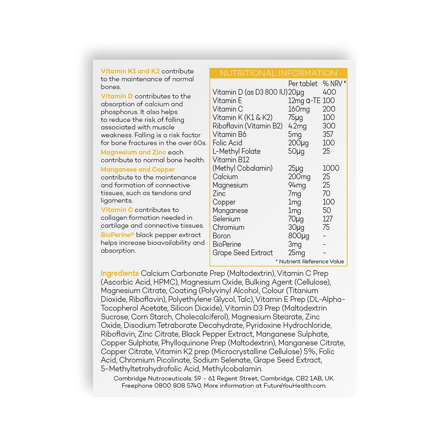 FutureYou Cambridge Prime Fifty Strong Bones Supplements – 28 Multivitamin Tablets with Calcium, Magnesium, Zinc, Copper & Vitamins – Developed for Over 50s to Help Keep You Active