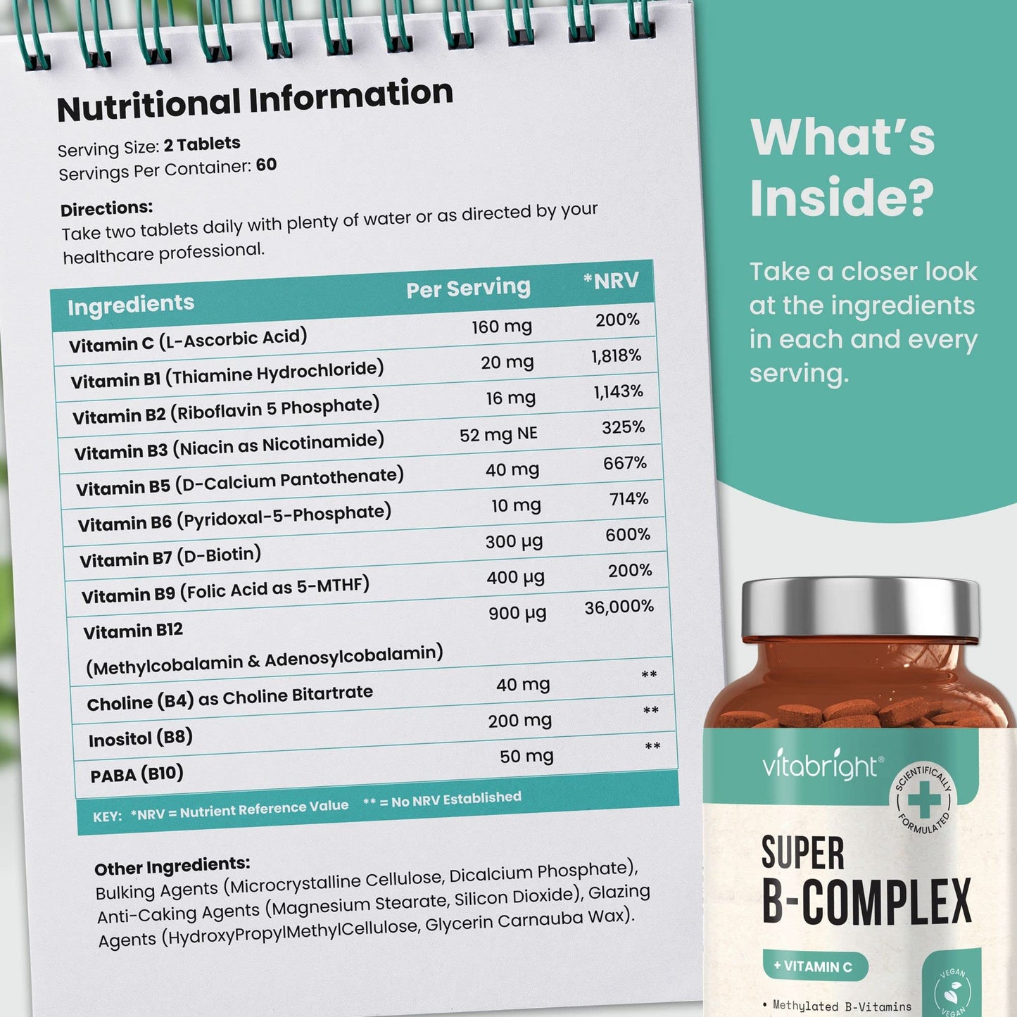 Vitamin B Complex Supplement - 11 B Vitamins (B1, B2, B3, B4, B5, B6, B7, B8, B9, B10, B12) - Plus VIT C - 120 Tablets - High Strength Advanced Formula for Easy Absorption - Made in UK by VitaBright