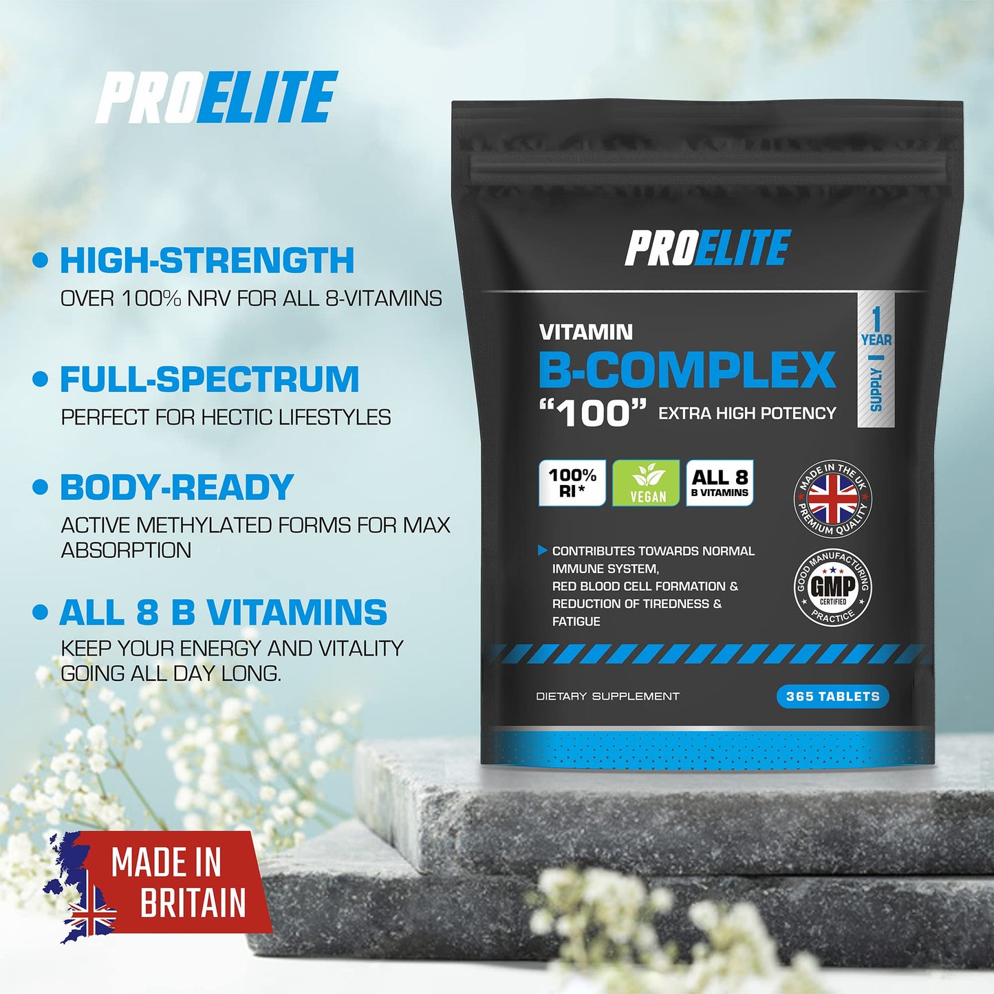 Vitamin B Complex - 120 High Strength Tablets - All 8 B Vitamins B1 - B2 - B3 - B5 - B6 - B12, Biotin, Folic Acid - Reduction of Tiredness & Fatigue PROELITE