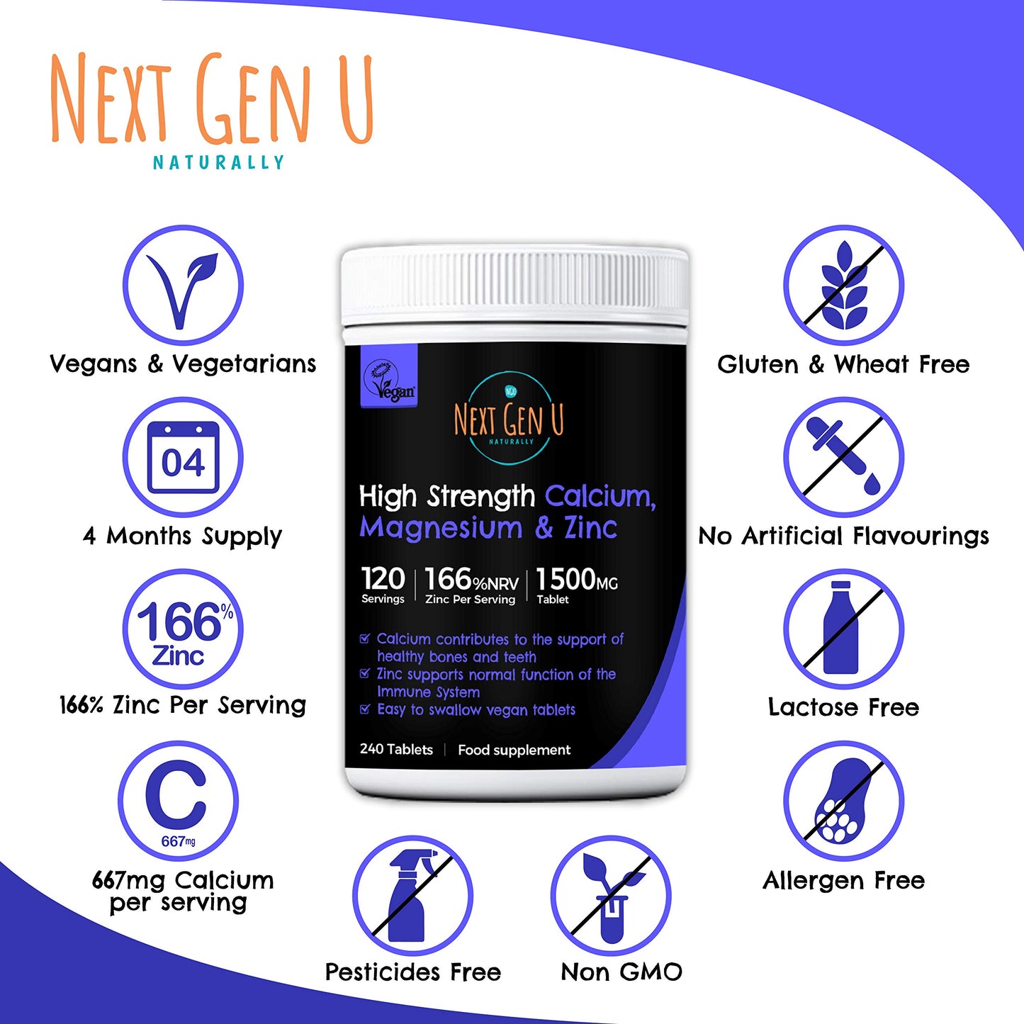 NGU Calcium Magnesium Zinc Essential Mineral Supplement 240 Vegan Caplets for Immune Support and Bone Strength for Adults Women and Men