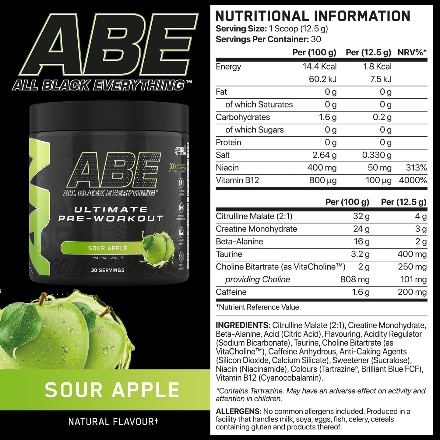 Applied Nutrition Bundle ABE Pre Workout 375g + ABE Black Shaker 700ml | All Black Everything Pre Workout Powder, Energy Drink, Physical Performance, Creatine, Beta Alanine, Caffeine (Sour Apple)