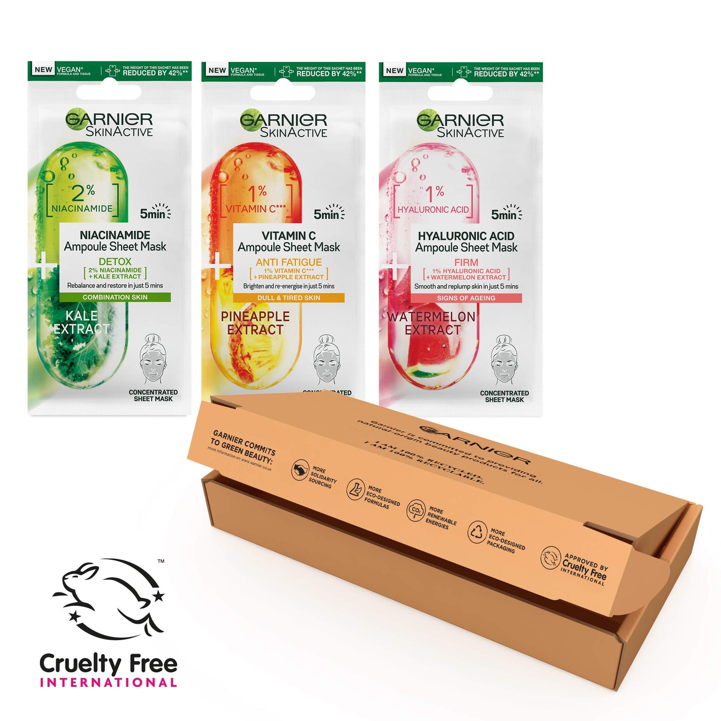Garnier Ampoule Sheet Masks, Set Of 3 - 1% Vitamin Cg + Pineapple To Brighten Skin, 1% Hyaluronic Acid + Watermelon To Replump Skin, 2% Niacinamide + Kale To Rebalance Oily Skin, Fast Action 5 mins.
