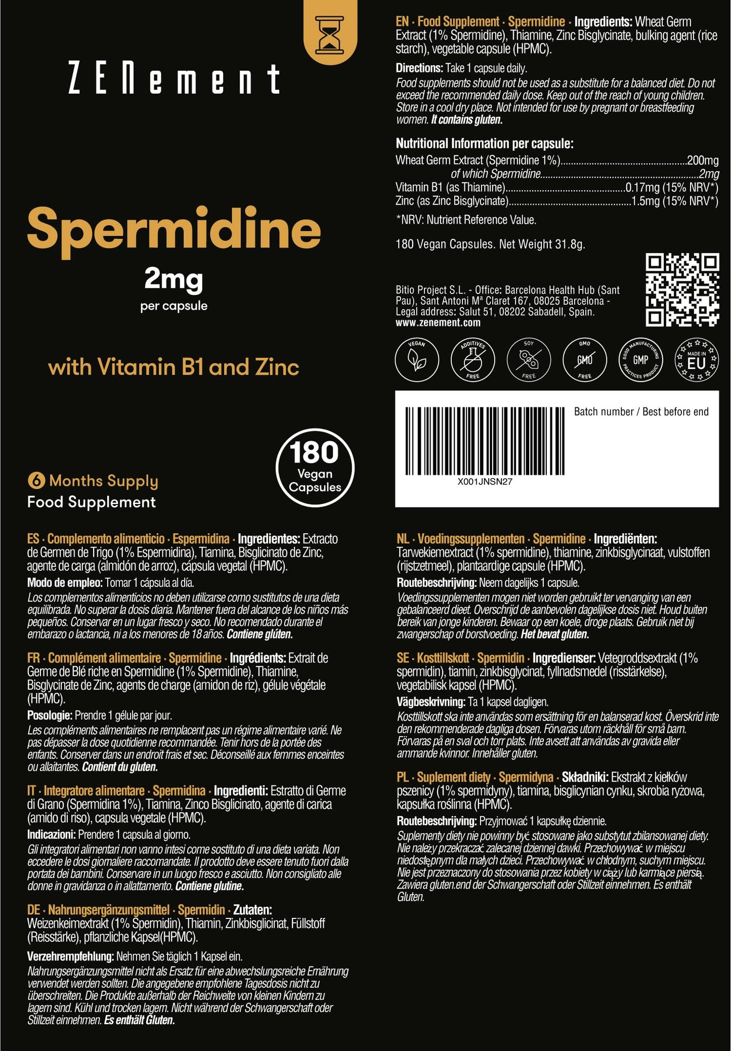 Spermidine, 2mg per Capsule with Vitamin B1 and Zinc | 180 Wheat Germ Extract Capsules | Mitochondrial Rescue, Immune System and Cell Renewal | Vegan, Additives Free | Zenement