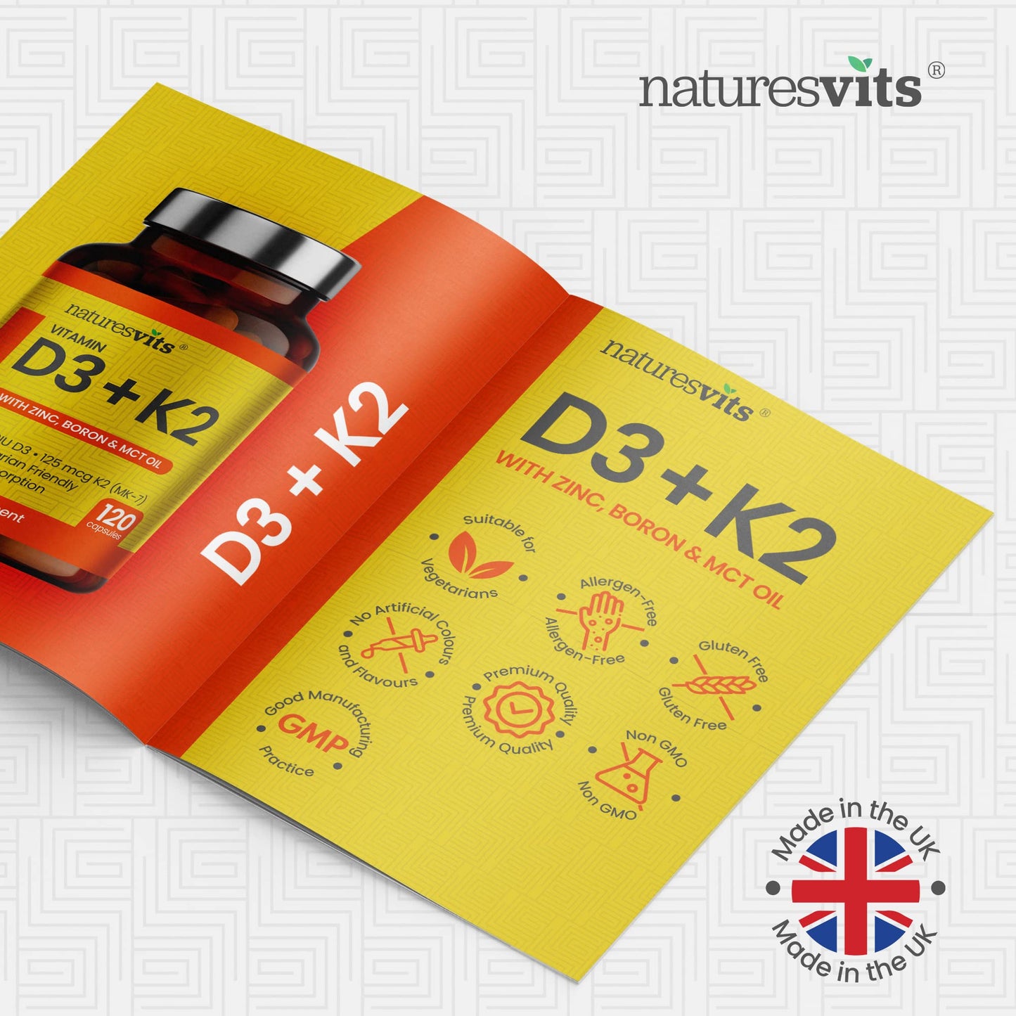 NaturesVits Vitamin D3 and K2 Bone Supplement - with Zinc, MCT Oil and Boron for Calcium Absorption for Joint Care - High Strength Natural Supplements for Women and Men