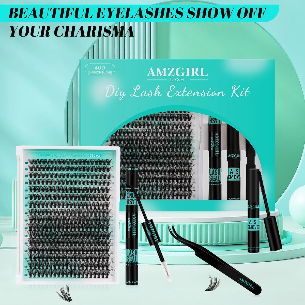 AMZGIRL LASH Lash Extension Kit 320Pcs,DIY Individual Lashes Clusters Kit,Lash Bond And Seal,Lash Remover For Eyelashes Extensions,Lash Applicator Tool For False Eyelash Cluster Kit At Home(40D,D-Mix9-16mm Kit)