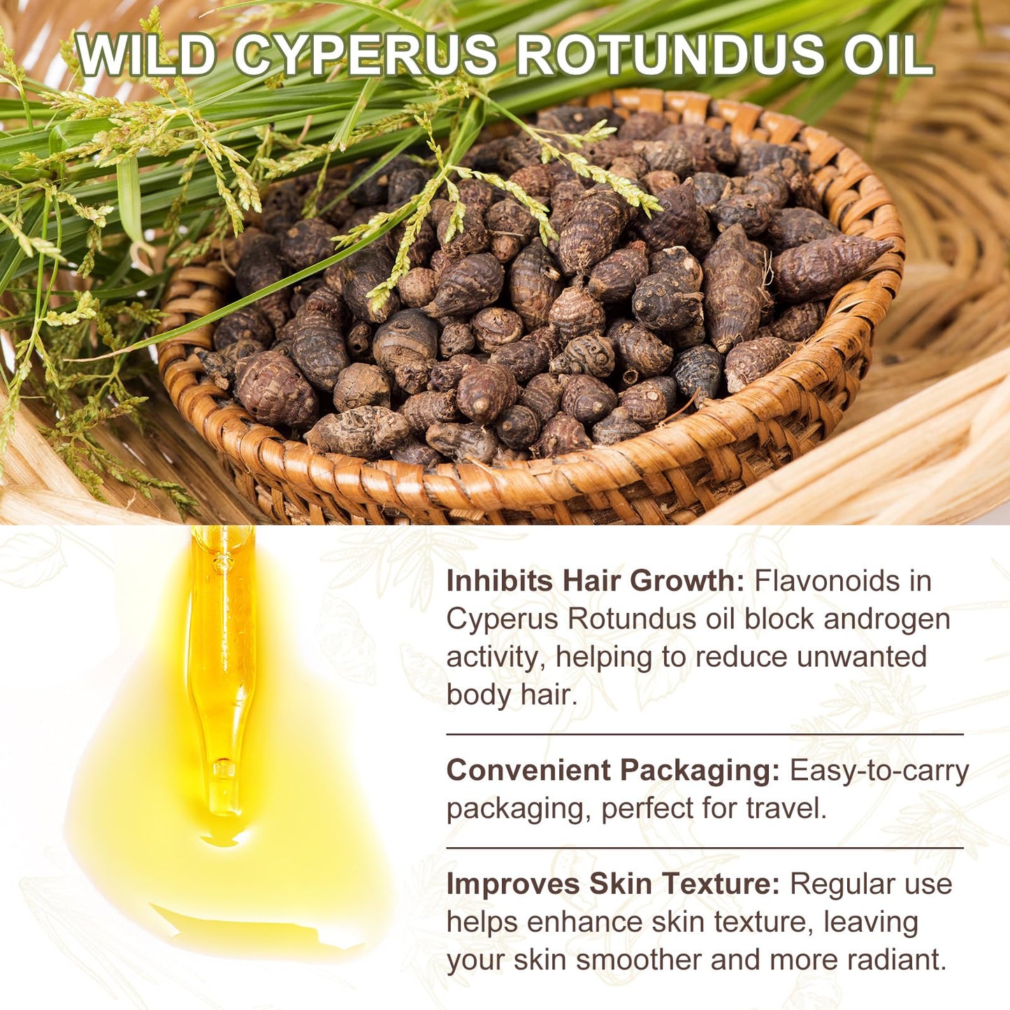 Cyperus Rotundus Oil, 60ml Cyperus Oil for Hair Removal, Pure Natural Cyperus Rotundus Hair Removal Oil, Gentle & Non-Irritating, Easy to Removal Body Hair