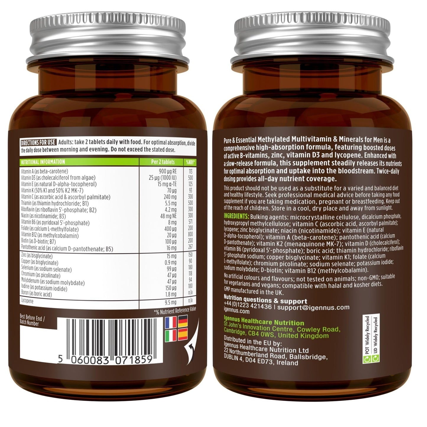 Methylated Men's Multivitamin, MTHFR Supplement with Active B-Vitamins, Enhanced with Lycopene, Zinc & Vitamin D3, Clean Ingredients, Slow Release, Energy & Heart Health, 180 Vegan Tablet