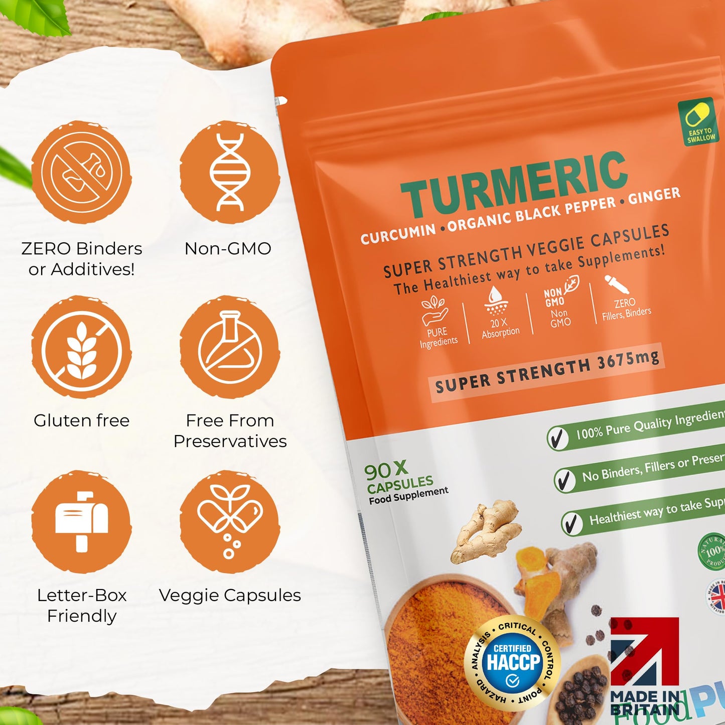 FoodPURA Turmeric Curcumin Capsules with Black Pepper & Ginger High Strength 3675mg HACCP Certified, Manufactured in The UK by FoodPURA (90)