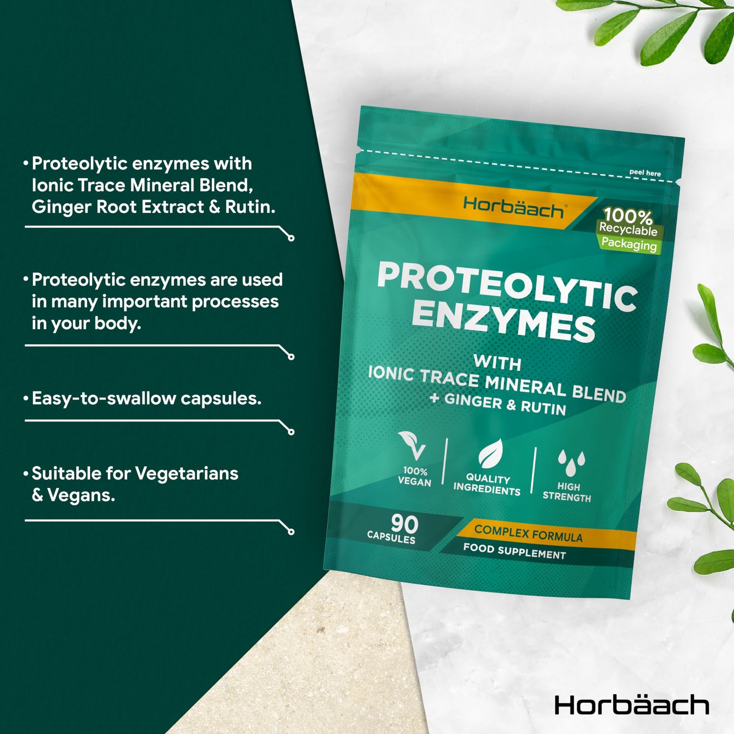 Proteolytic Enzymes Complex with Trace Minerals | 90 Vegan Capsules | Digestive Enzyme Supplement with Papain, Bromelain, Ginger, Selenium, Zinc & More! | by Horbaach