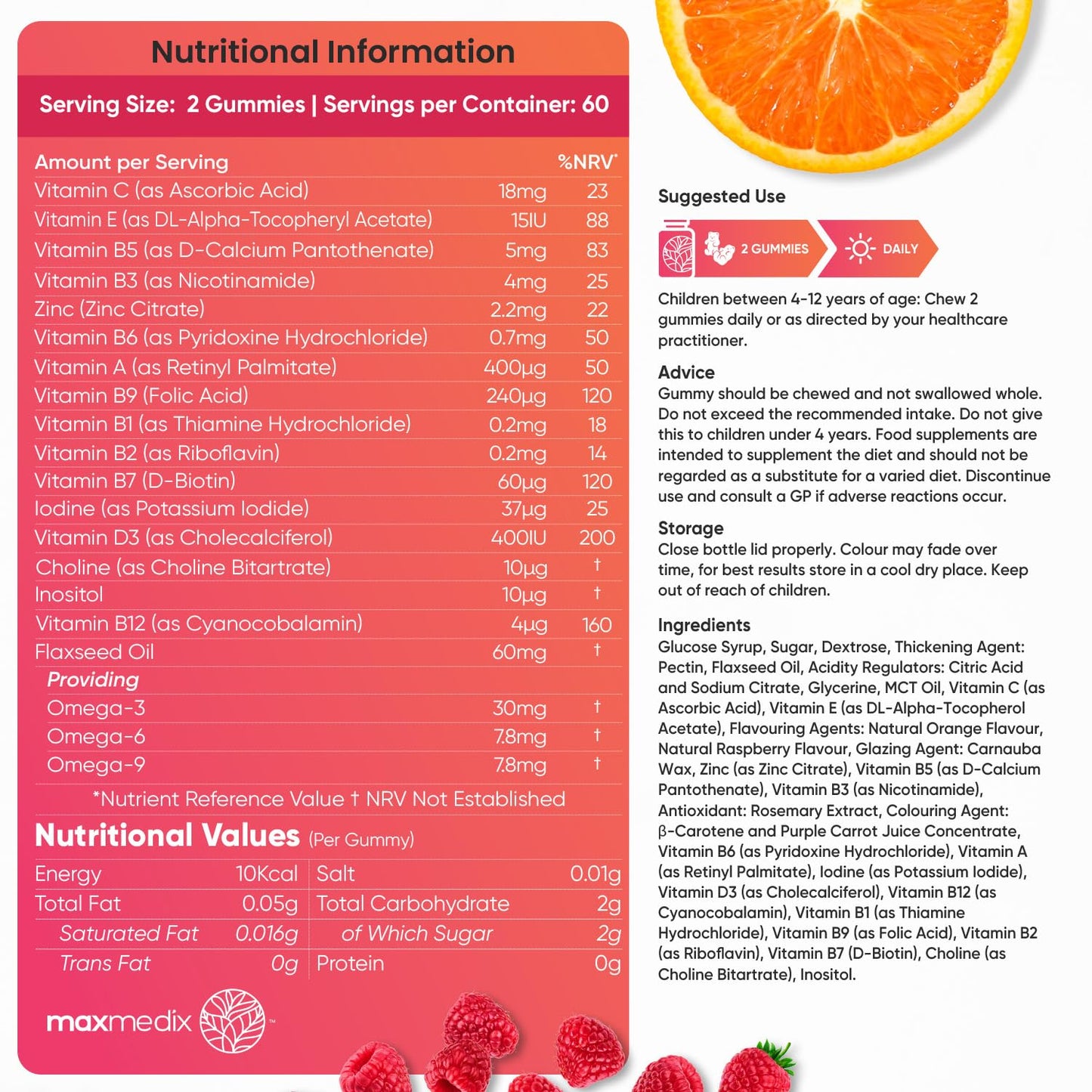Multivitamin for Kids - 120 Natural Raspberry & Orange Flavour Chewable Gummies (2 Month Supply) - Low-Sugar Kids Vitamins Multivitamins with Zinc & Omega 3, 6 & 9 - Vegetarian Vitamins for Kids