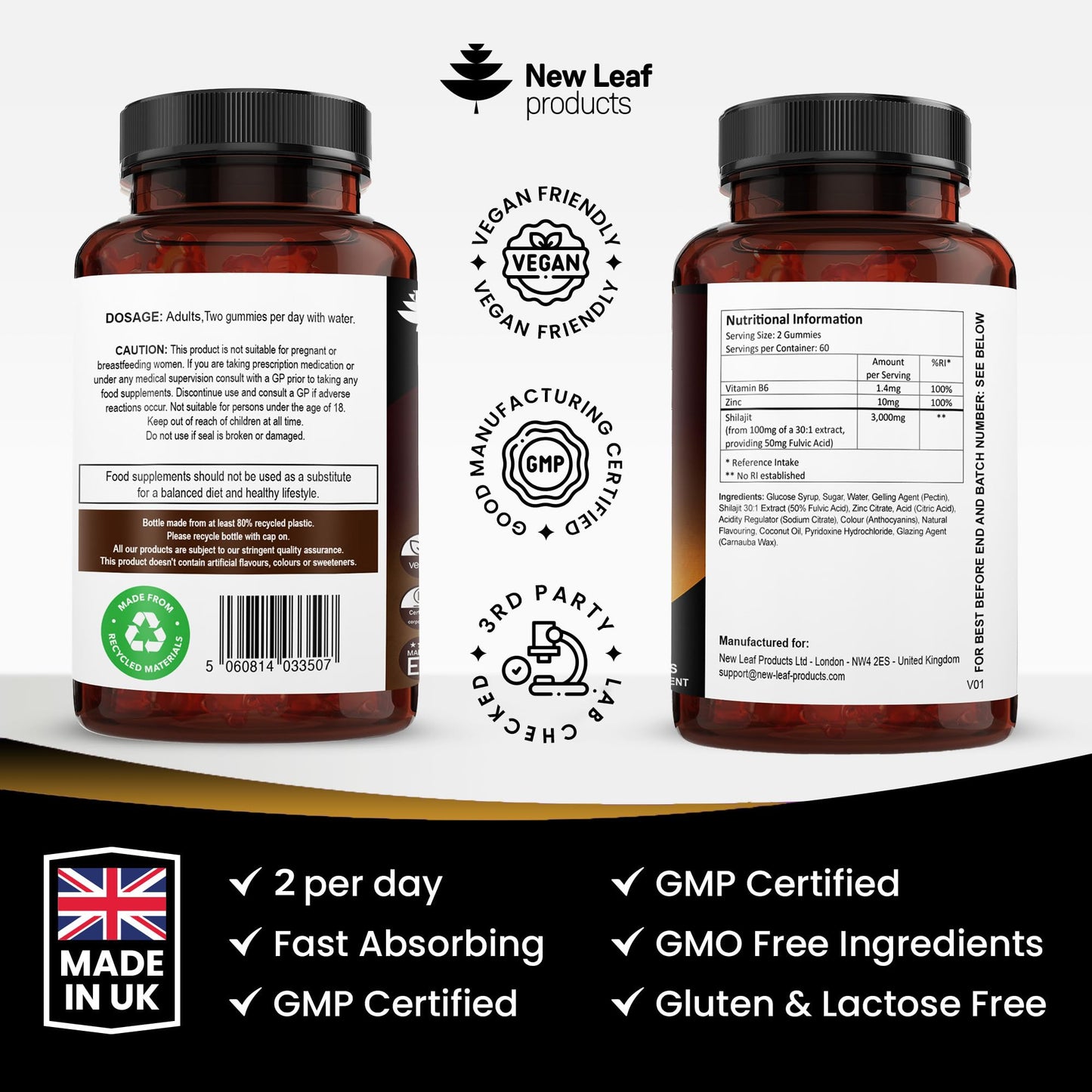 Shilajit Gummies - Enriched with Zinc & Vitamin B6 - High Strength 3000mg Pure Himalayan Shilajit Gummies Providing 50mg Fulvic Acid - Berry Flavoured, Vegan Shilajit Gummies by New Leaf