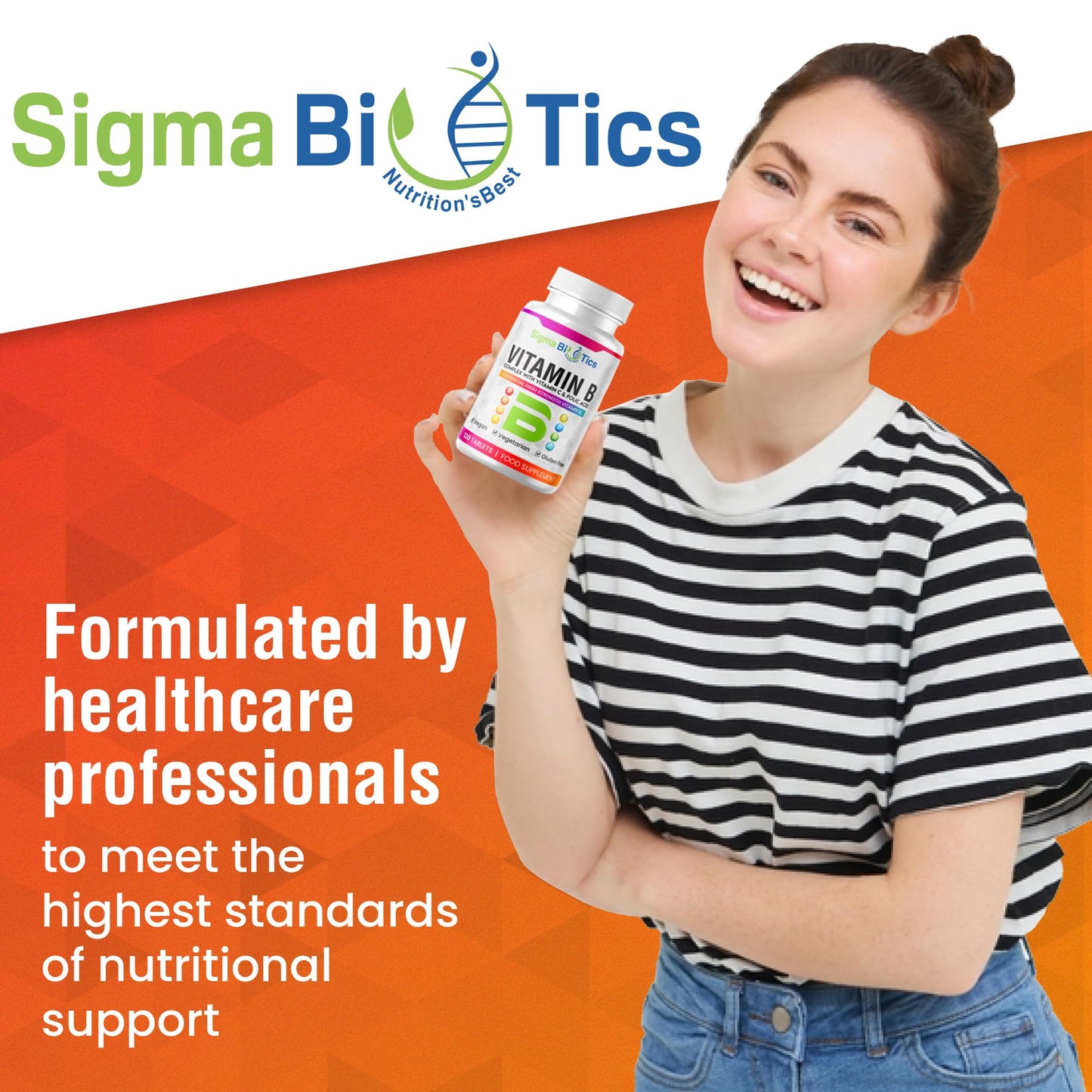 SigmaBiotics Vitamin B Complex Tablets - Blend of 8 B Vitamins & Vitamin C - Folic Acid, B1, B2, B3, B5, B6 and Vitamin B12 Supplement - Vegan & Gluten Free - 120 Tablets