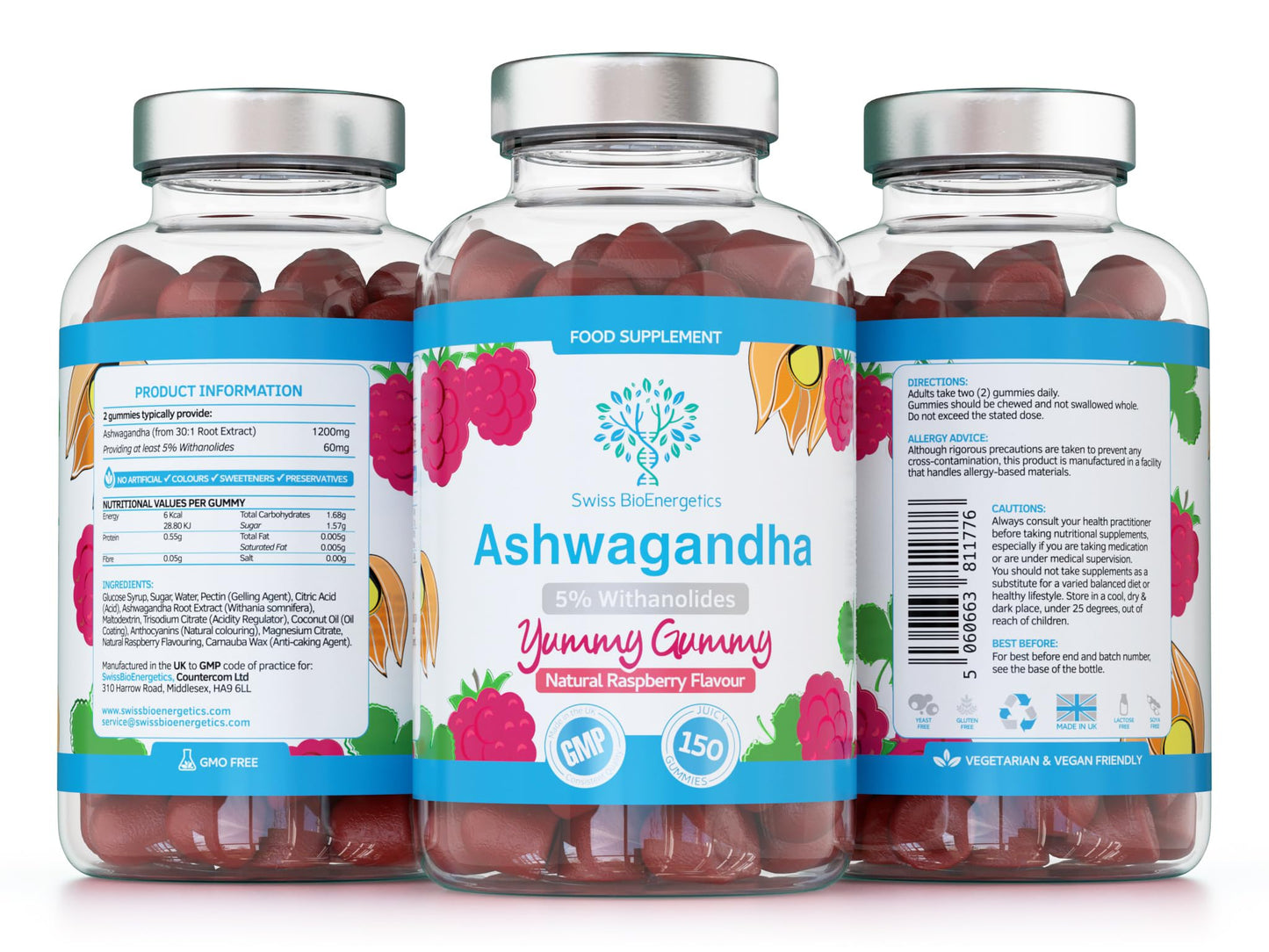 swiss bioenergetics Ashwagandha Gummies - 150 Natural Raspberry Flavoured Chewable & Yummy - 1200mg High Strength Serving with 5% Withanolides - 75 Day Supply - UK Made