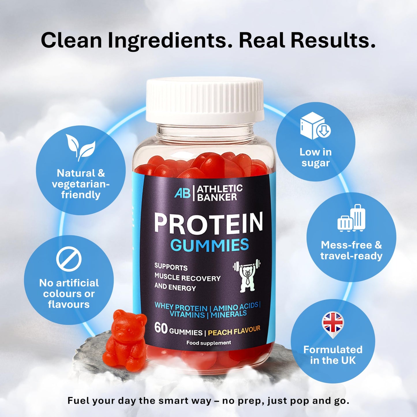 Athletic Banker Whey Protein Gummies – Peach Flavour, 5g Protein per Serving, Low Sugar – Vegetarian Protein Supplement with Amino Acids, Vitamins & Minerals for Muscle Recovery – 60 Gummies – Formulated in The UK