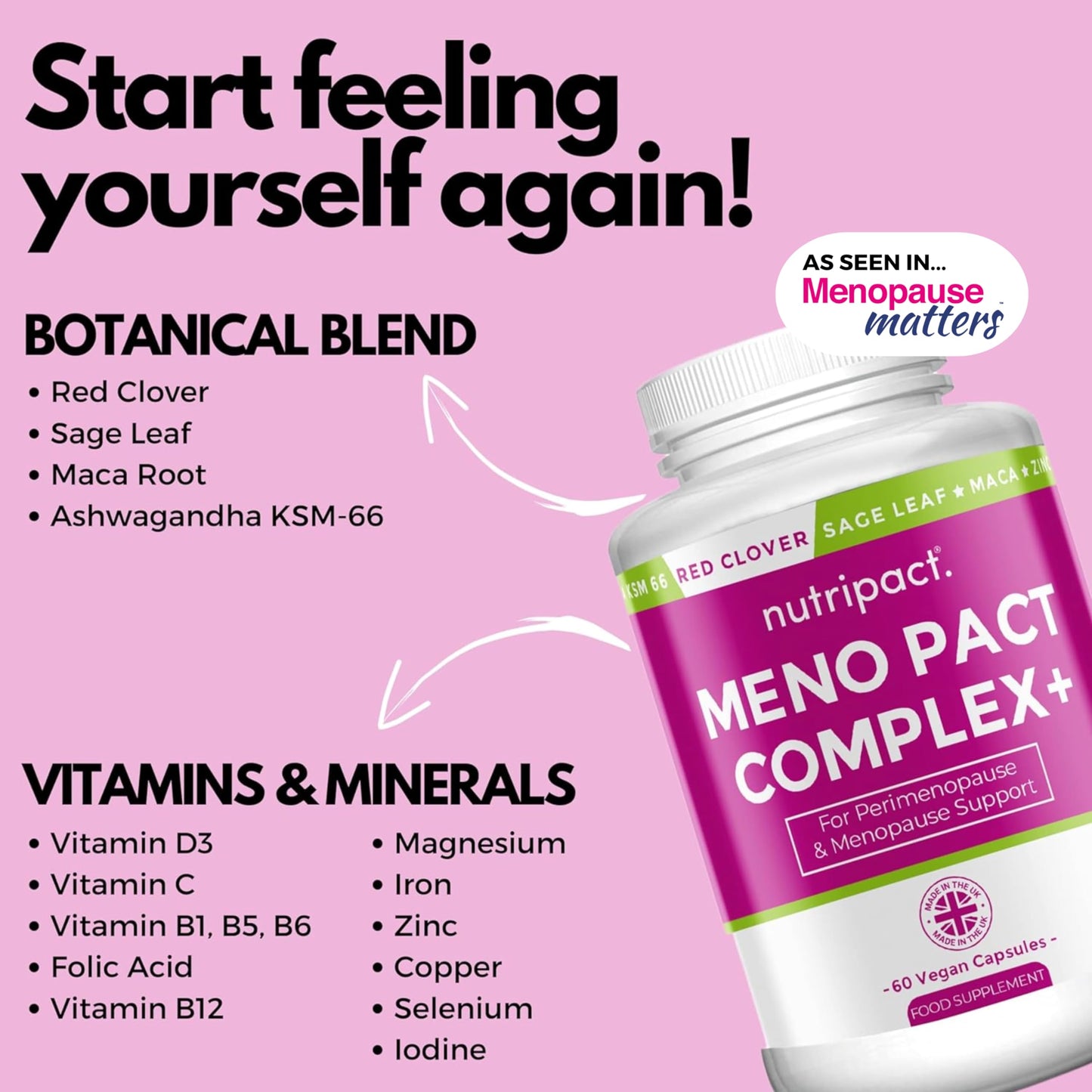 Meno Pact Support Complex - Perimenopause & Menopause Supplement for Women - 17 Active Ingredients - Formulated by Women’s Health Experts - High Strength Formula - 60 Vegan Capsules - Nutripact
