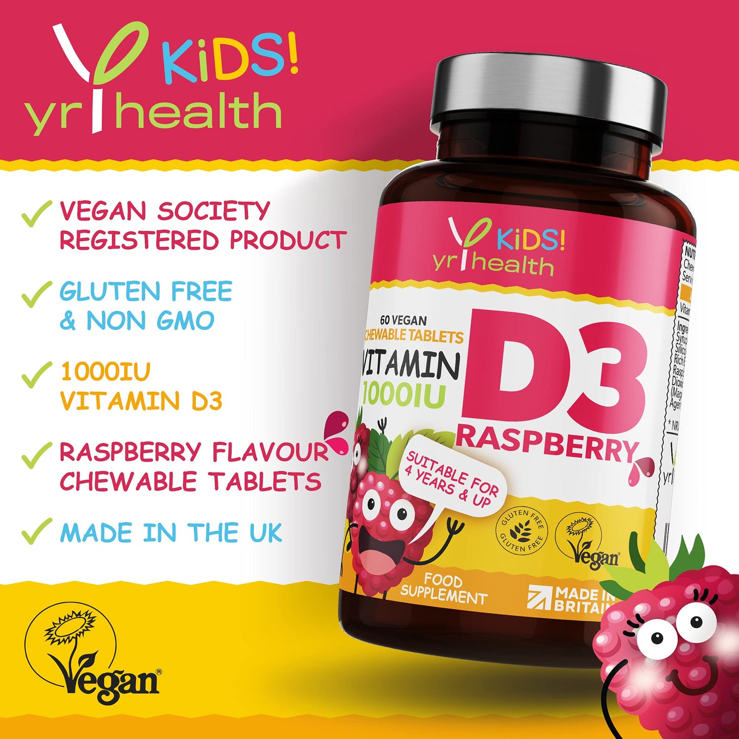 yrhealth Kids Vitamin D3 1000 iu High Strength - Chewable Raspberry Flavour Vitamin D for Kids 4-12 Years, Vegan Society Registered Tablets not Gummies - 2 Months Supply - Made in The UK by YrHealth