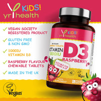 yrhealth Kids Vitamin D3 1000 iu High Strength - Chewable Raspberry Flavour Vitamin D for Kids 4-12 Years, Vegan Society Registered Tablets not Gummies - 2 Months Supply - Made in The UK by YrHealth