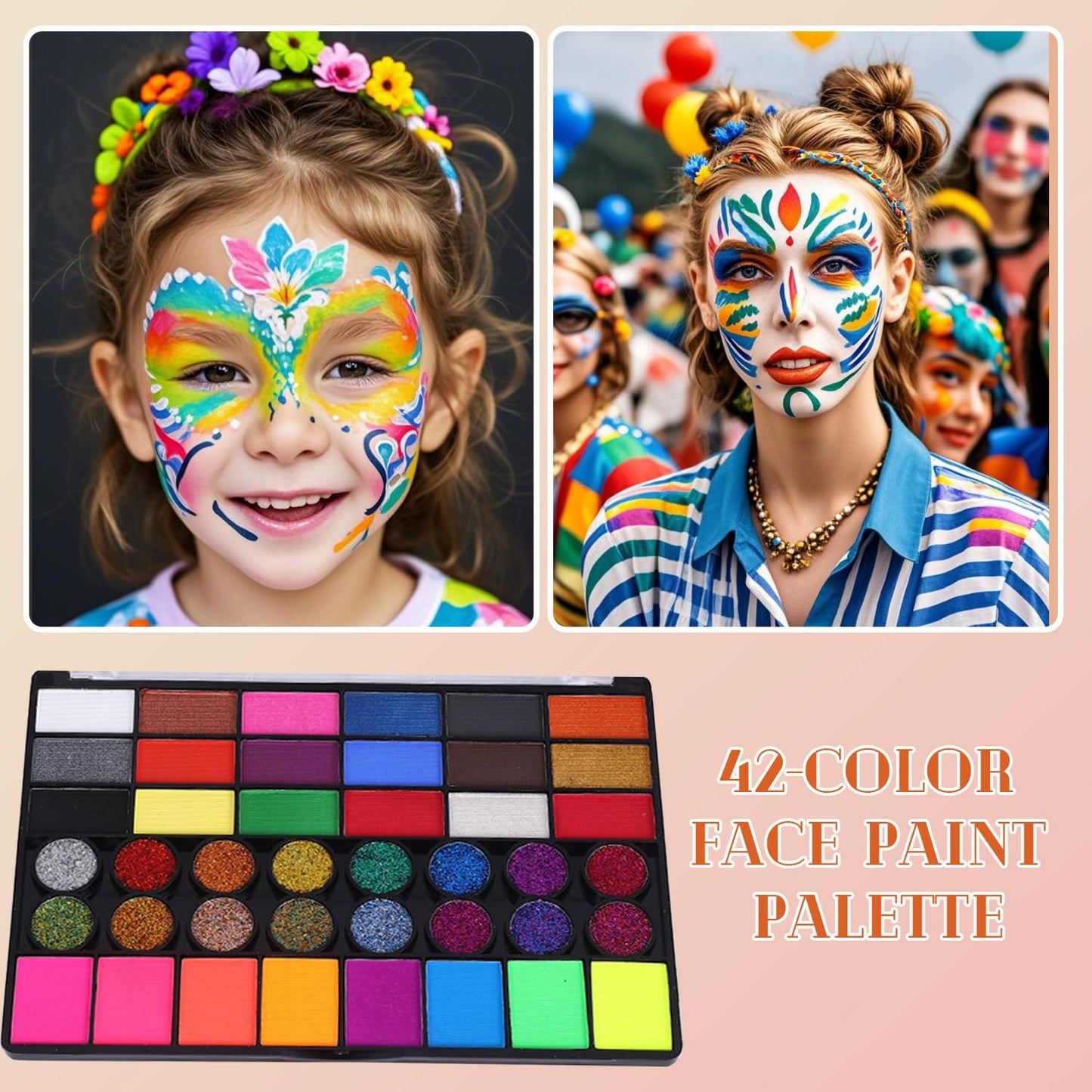 Generic Face Paint Kit for Kids & Adults β 42 Colors Water-Based Safe Non-Toxic Washable Makeup with Glitter & UV Effects β Halloween, Cosplay, Party β Includes 10 Brushes (42-colors)