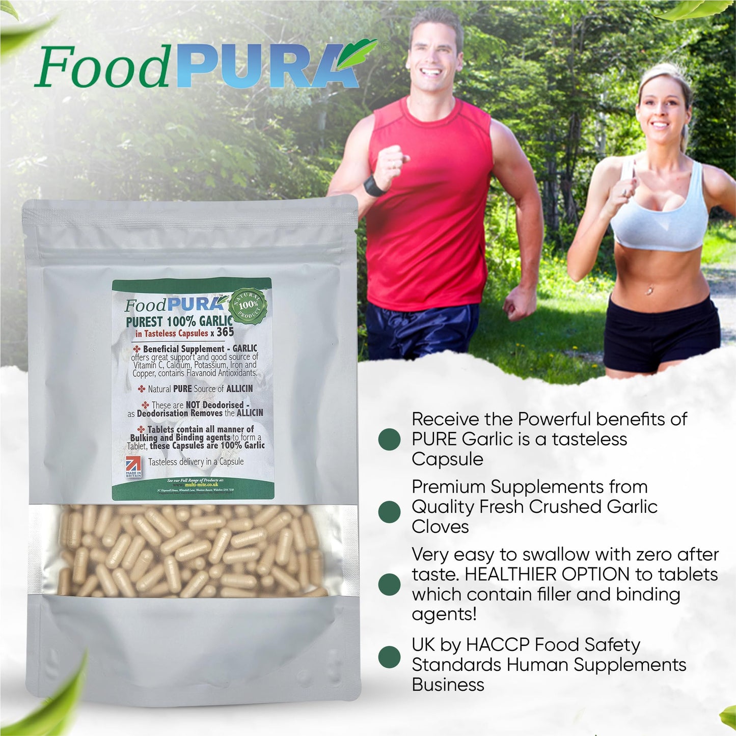FoodPURA Pure Garlic Capsules Recommended Daily Strength 1000mg HACCP Certified, Manufactured in The UK by FoodPURA 1 Pack of 365 Capsules