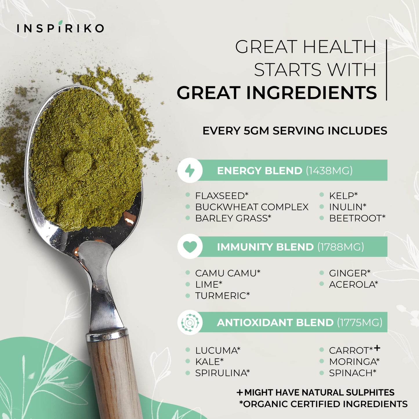 Super Greens Powder with 17 Superfoods – Green Powder Superfood Made with Organic Clean Greens and Superfood Powder. Pair Green Superfood Powder with Green Juice Or Smoothie Mix. Made by Inspiriko