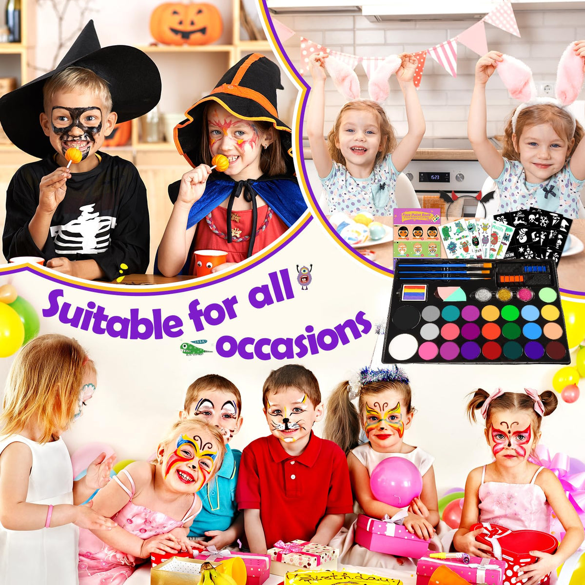 Grriopi Face Painting Kit for Children, 28 Colors Face Body Paints with 3 Brushes 30 Stencils Girls Toys Age 4-9 Carnival Halloween Gifts for Girl 5 6 7 8 9 Year Old Xmas Washable Non Toxic Kids Makeup Set