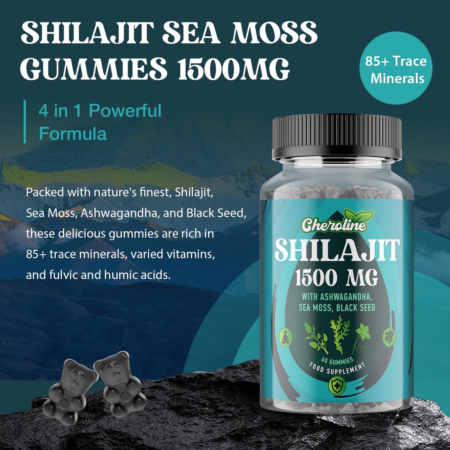 Cheroline Shilajit Sea Moss and Ashwagandha Gummies 1500mg Per Serving, Enriched with 60% Fulvic Acid & 85+ Trace Minerals, High Strength Complex for Energy, More Convenient Than Resin (60 Count (Pack of 2))