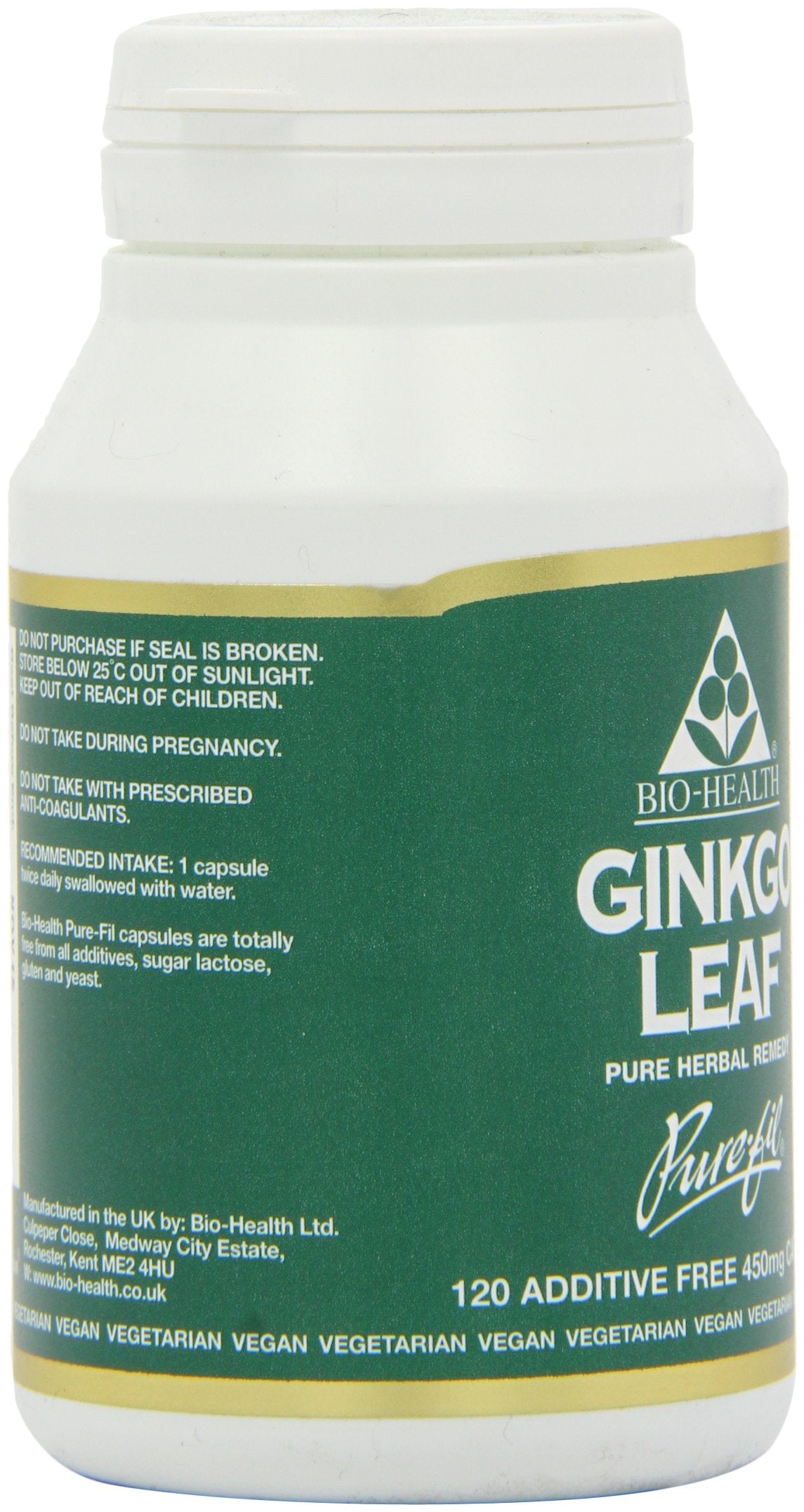 Bio-health Bio-Health Ginkgo Leaf 450mg Pure Herbal Food Supplement, Supports Blood Circulation, Mental Performance and Boosts Energy Suitable for Vegetarians and Vegans, Additive Free, 120 Capsules