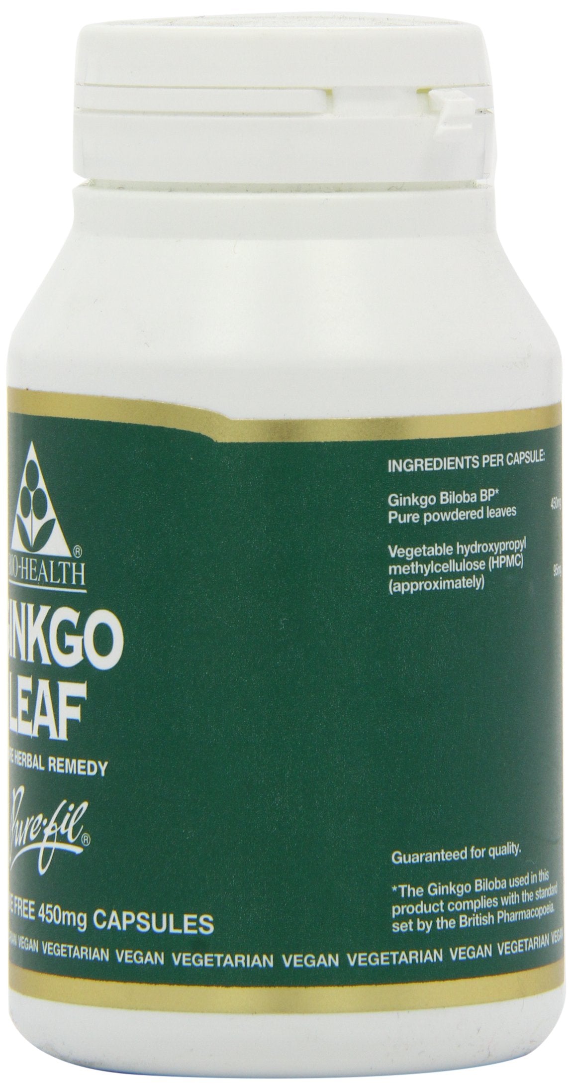 Bio-health Bio-Health Ginkgo Leaf 450mg Pure Herbal Food Supplement, Supports Blood Circulation, Mental Performance and Boosts Energy Suitable for Vegetarians and Vegans, Additive Free, 120 Capsules