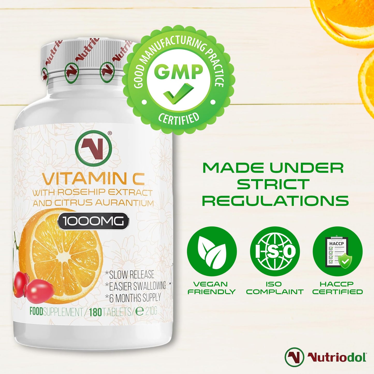 Nutriodol Vitamin C with Rosehip & Bioflavonoids 180 Tablets | 1000mg Easy to Swallow Tablets | Slow Release | Contributes to The Normal Function of The Immune System.