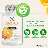 Nutriodol Vitamin C with Rosehip & Bioflavonoids 180 Tablets | 1000mg Easy to Swallow Tablets | Slow Release | Contributes to The Normal Function of The Immune System.