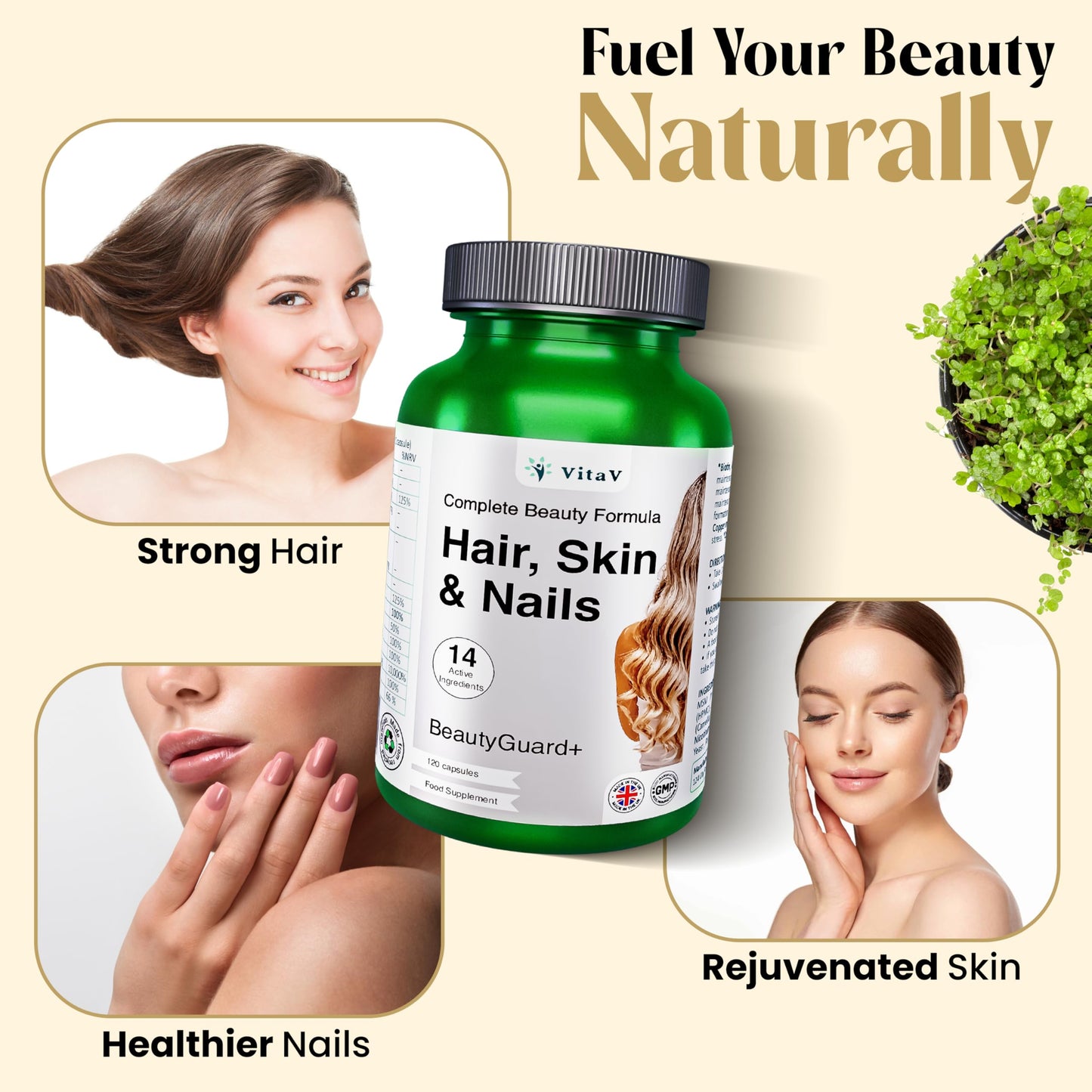 VitaV Hair Skin and Nails Vitamins | Biotin Supplements with Hyaluronic Acid MSM Silica Selenium Zinc Supplements Biotin Hair Growth Vitamins Beauty Formula Hair Vitamins Nail Care Hair Repair Multivitamin
