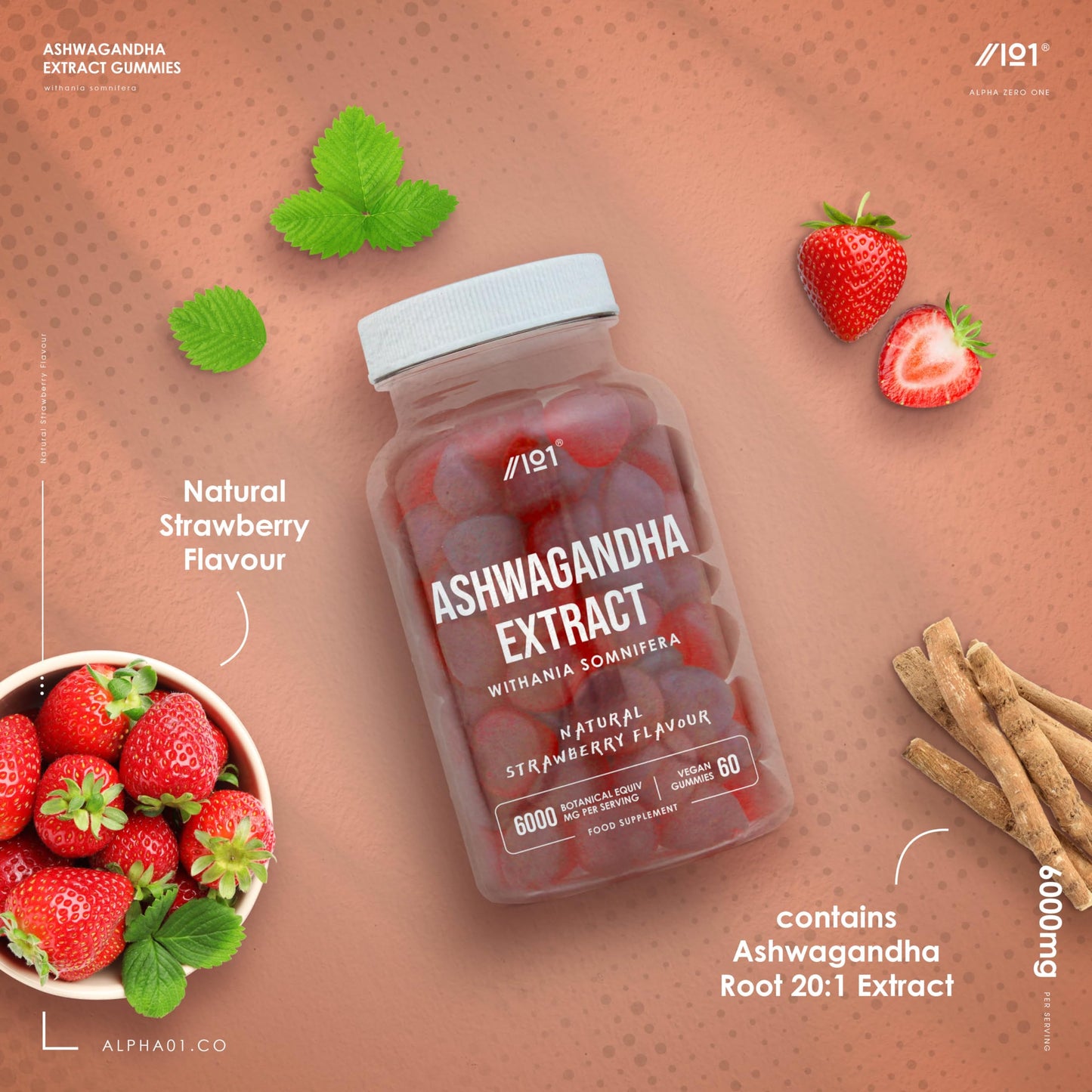Ashwagandha Gummies 6000mg - 60 Gummies (V) - High Strength Ashwagandha Root Extract Supplement - Natural Strawberry Flavour - Not Ashwagandha Capsules or Tablets - by Alpha01