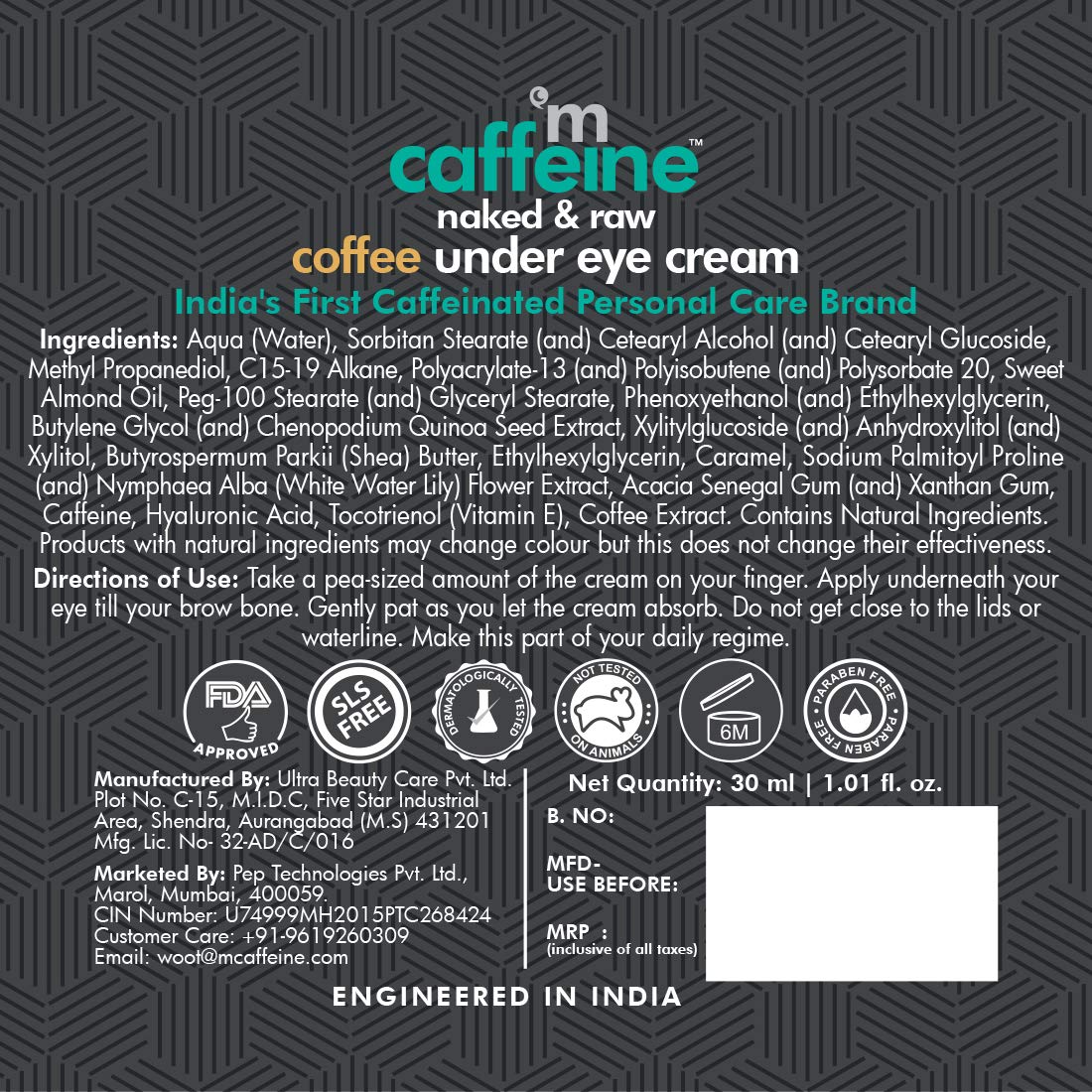 MCaffeine mCaffeine Eye Cream for Dark Circles & Puffy Eyes | WIth Coffee & Vitamin E for Under Eye Skin Treatment | Free Application Roller | For Men & Women - 30ml