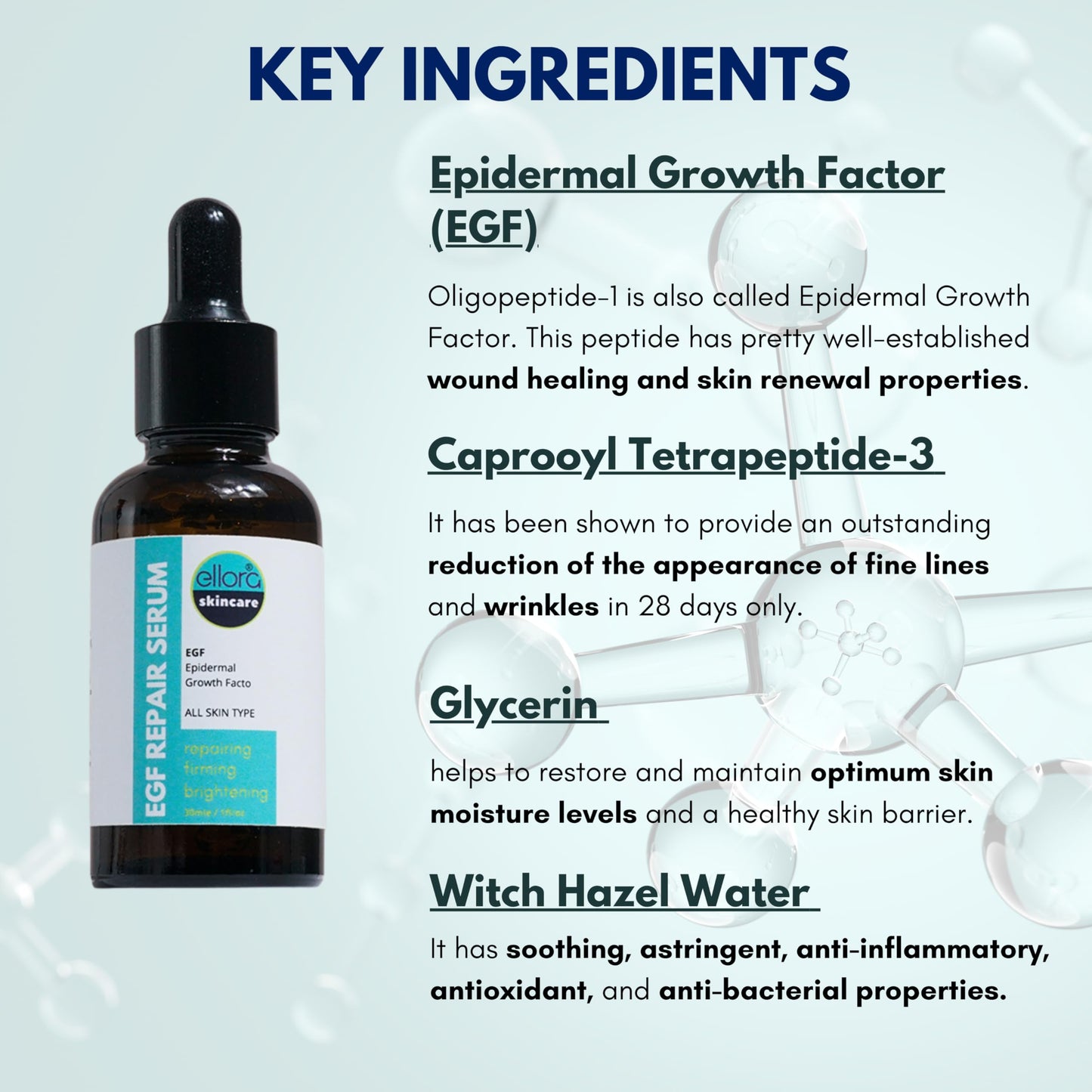 EGF REPAIR SERUM for face, 30ml, with Epidermal Growth Factor, Peptides, Glycerin, Increases Skin Moisture, Boosts Skin Renewal and Collagen Production, for HEALTHIER and YOUNGER looking skin