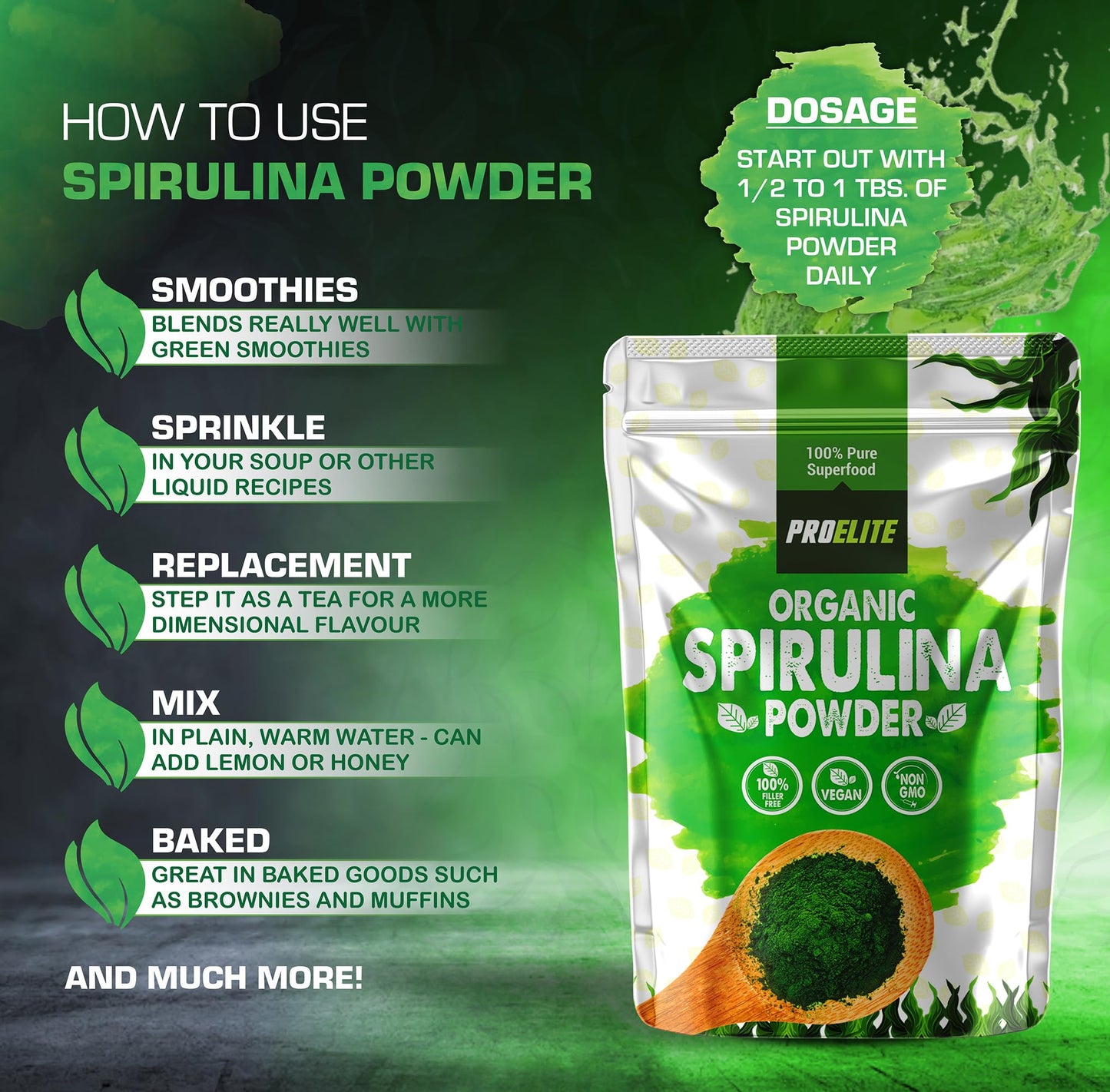 Organic Spirulina Powder 500g Natural Immune Booster | Premium Superfood Super Greens Spirulina Powder | Rich in Essential Vitamins & Minerals Vegans & Vegetarians by PROELITE