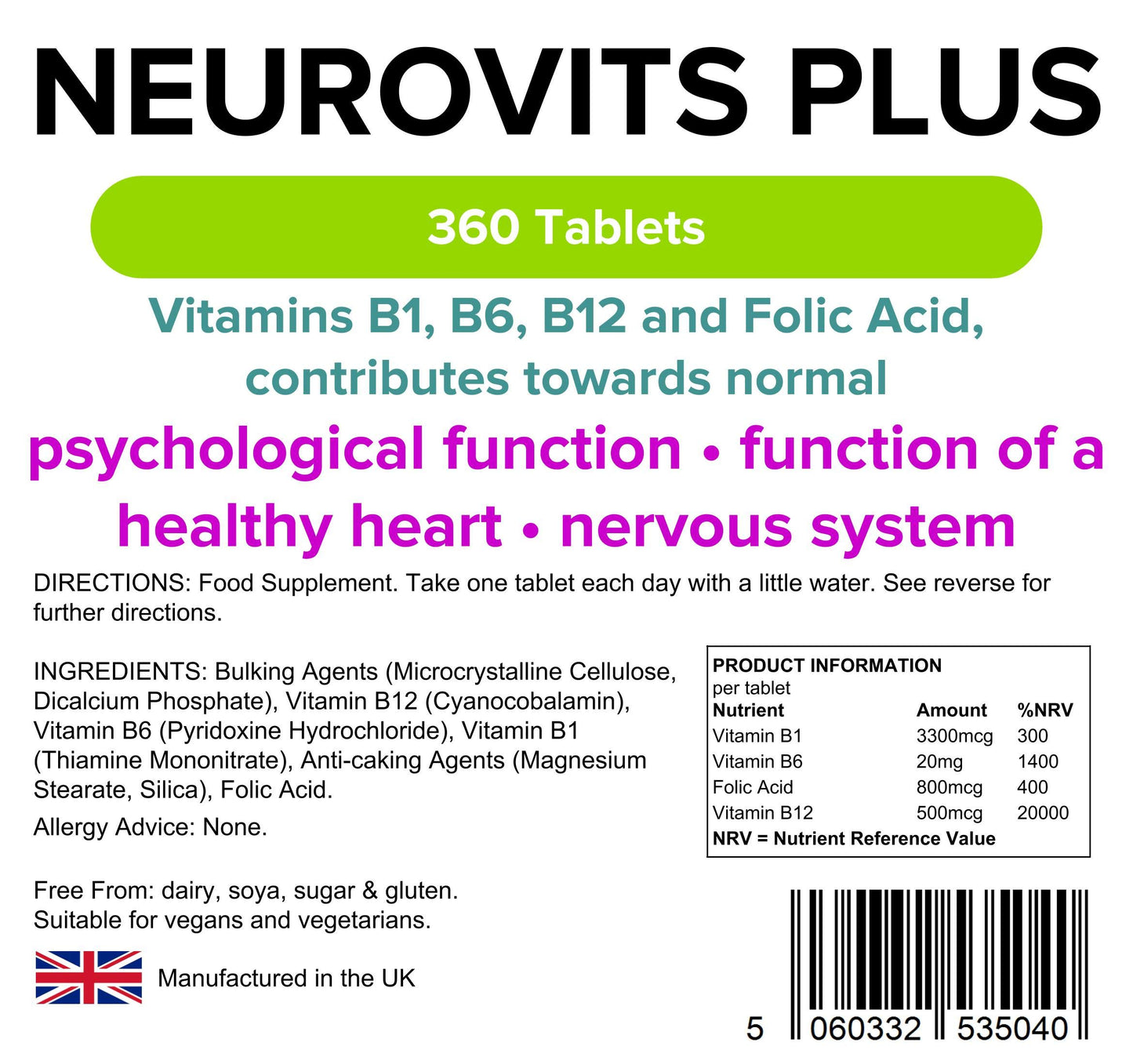 Lindens Neurovits Plus Tablets - 360 Pack - Contains Vitamin B1, B6, B12 & Folic Acid Contributes Towards Normal Psychological Function, Healthy Heart & Nervous System - UK Manufacturer, Letterbox Friendly