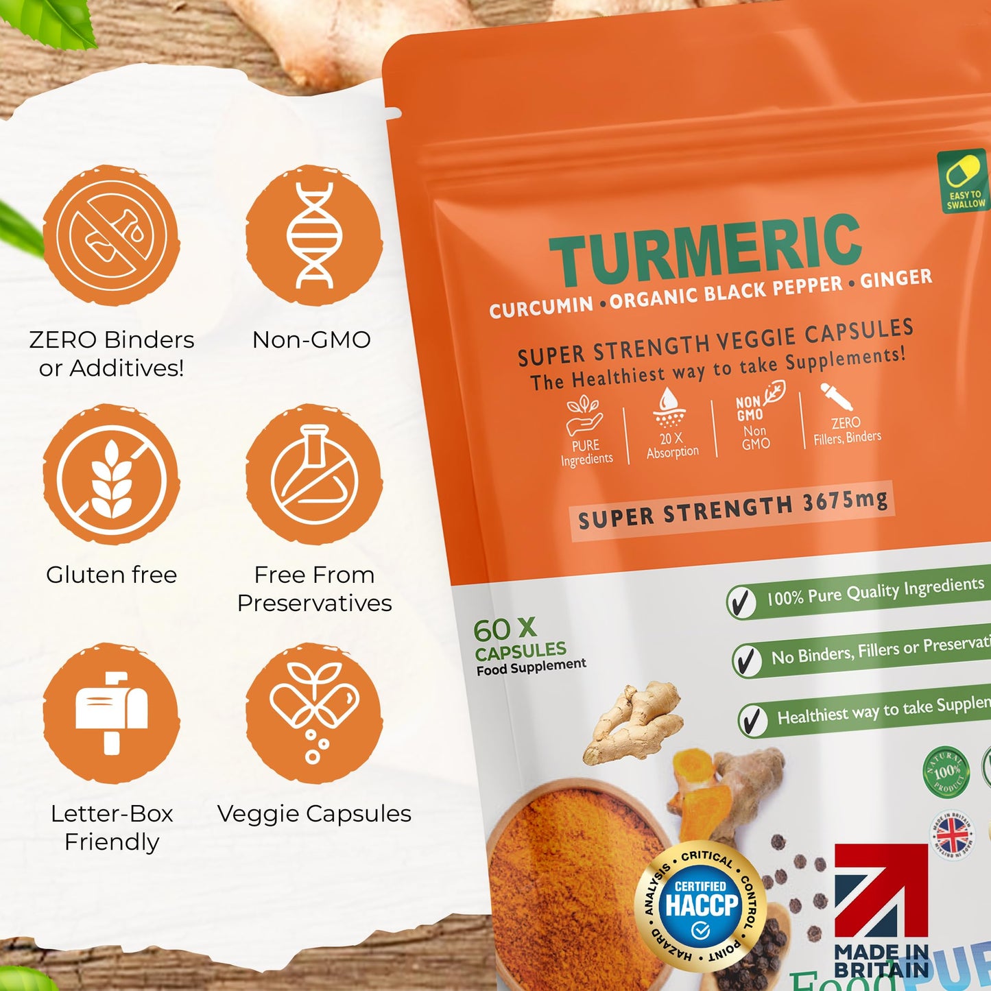 FoodPURA Turmeric Curcumin Capsules with Black Pepper & Ginger High Strength 3675mg HACCP Certified, Manufactured in The UK by FoodPURA (60)