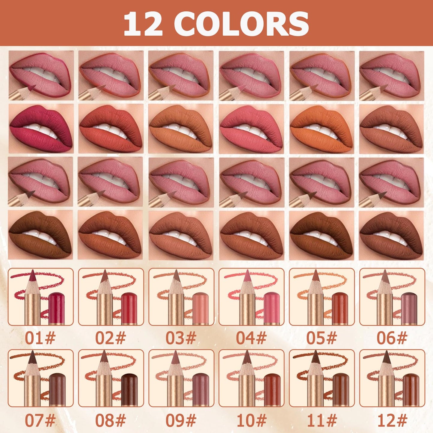 Bisienya 12pcs Lip Liners Set,Matte Lipstick Lip Liner Pencil,Longwear Smooth Lip Pencil,Smooth and Long-Lasting Lip Pencil Liner,Creamy Lip Liner,High Pigmented Waterproof Natural Lip Makeup