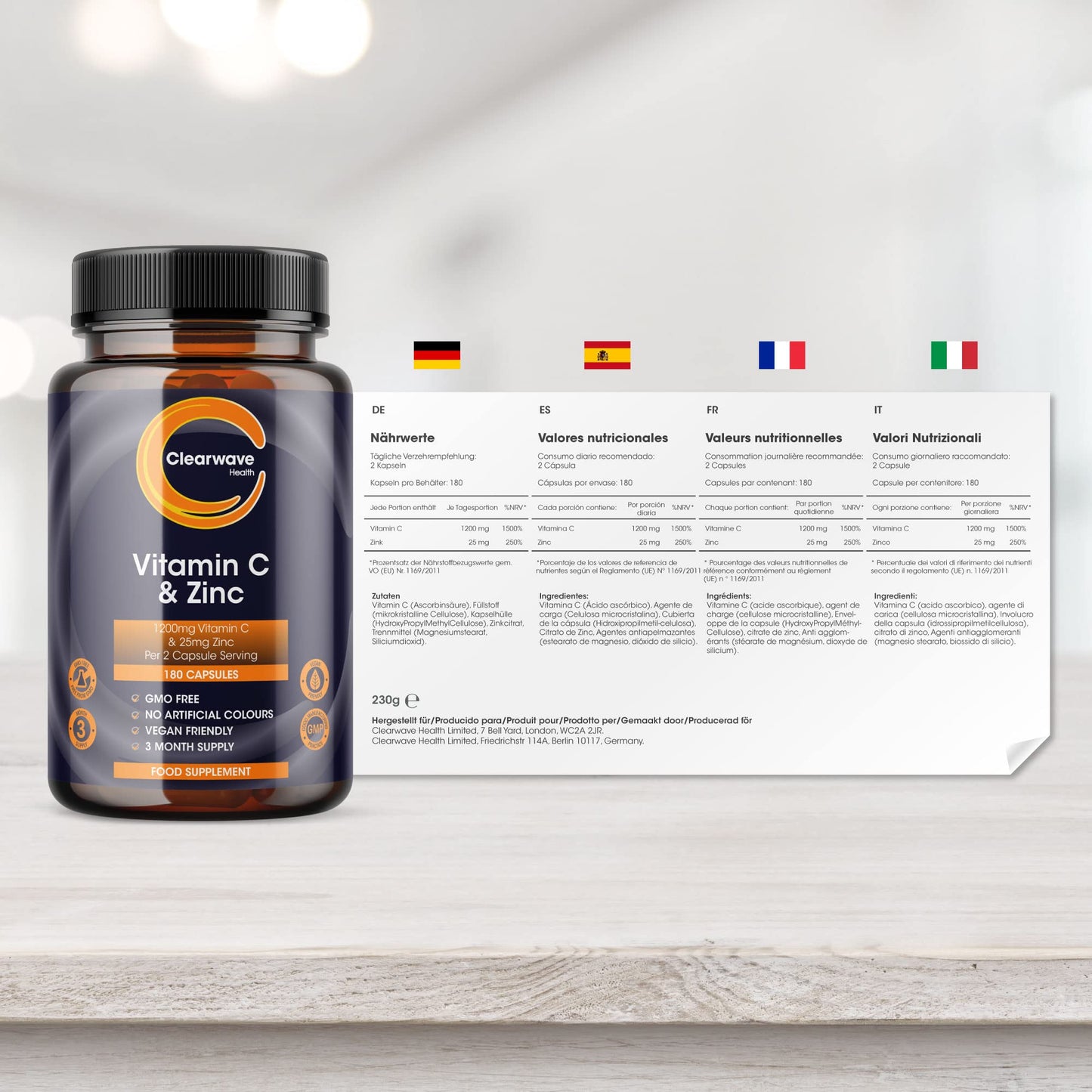 Clearwave Health Vitamin C and Zinc Capsules - Vitamin C 1200mg & Zinc 25mg- Vitamin C & Zinc for Maintenance of Normal Immune System - 180 Vegan Vitamin C & Zinc Capsules (not Tablets) - 2 per Daily Serving