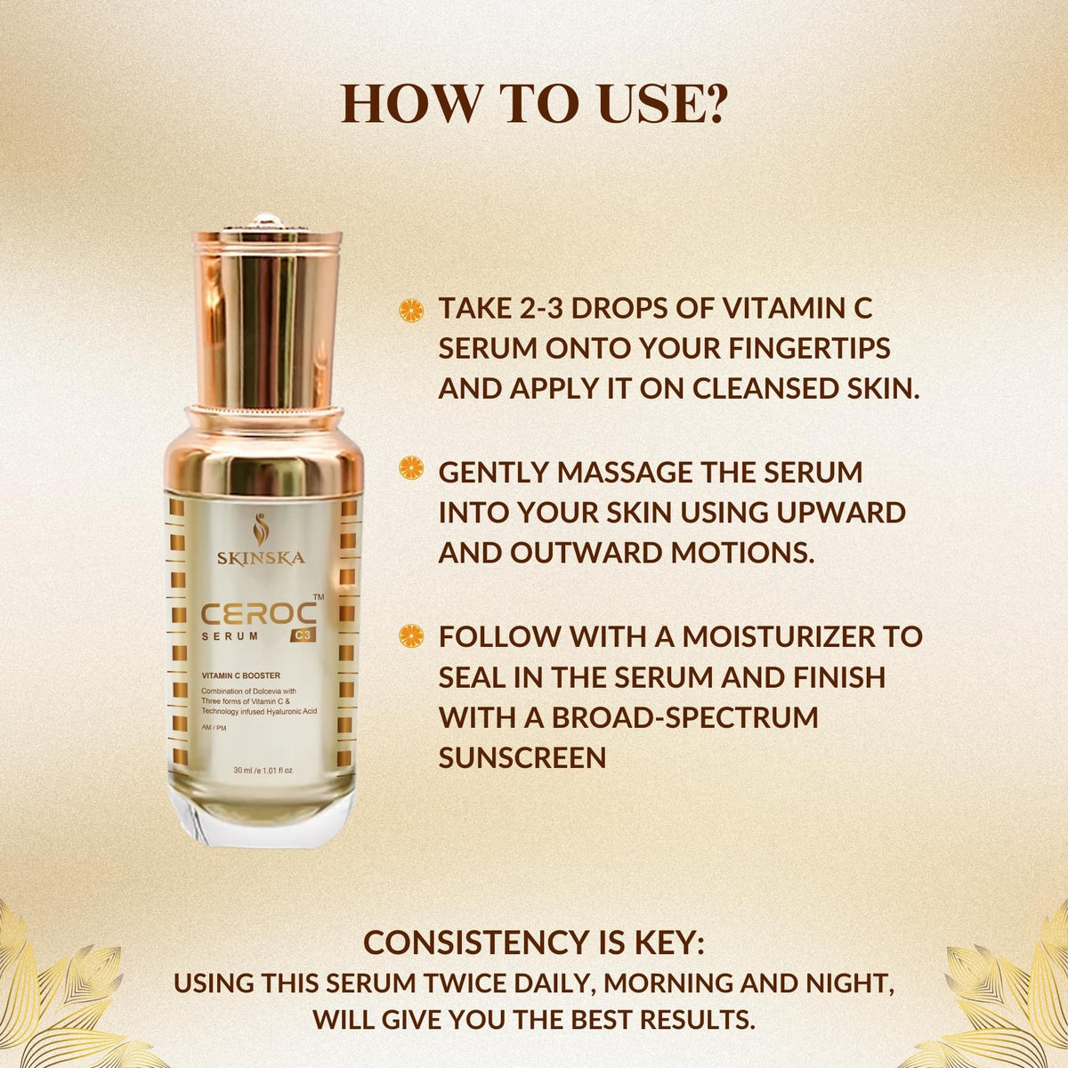 SKINSKA NATURALS - CEROC C3 Face Serum with 3 forms of Vitamin C, Hyaluronic Acid, Vitamin E for Skin Brightening, Uneven Skin Tone, Ideal Face Serum for Men & Women, 30ml