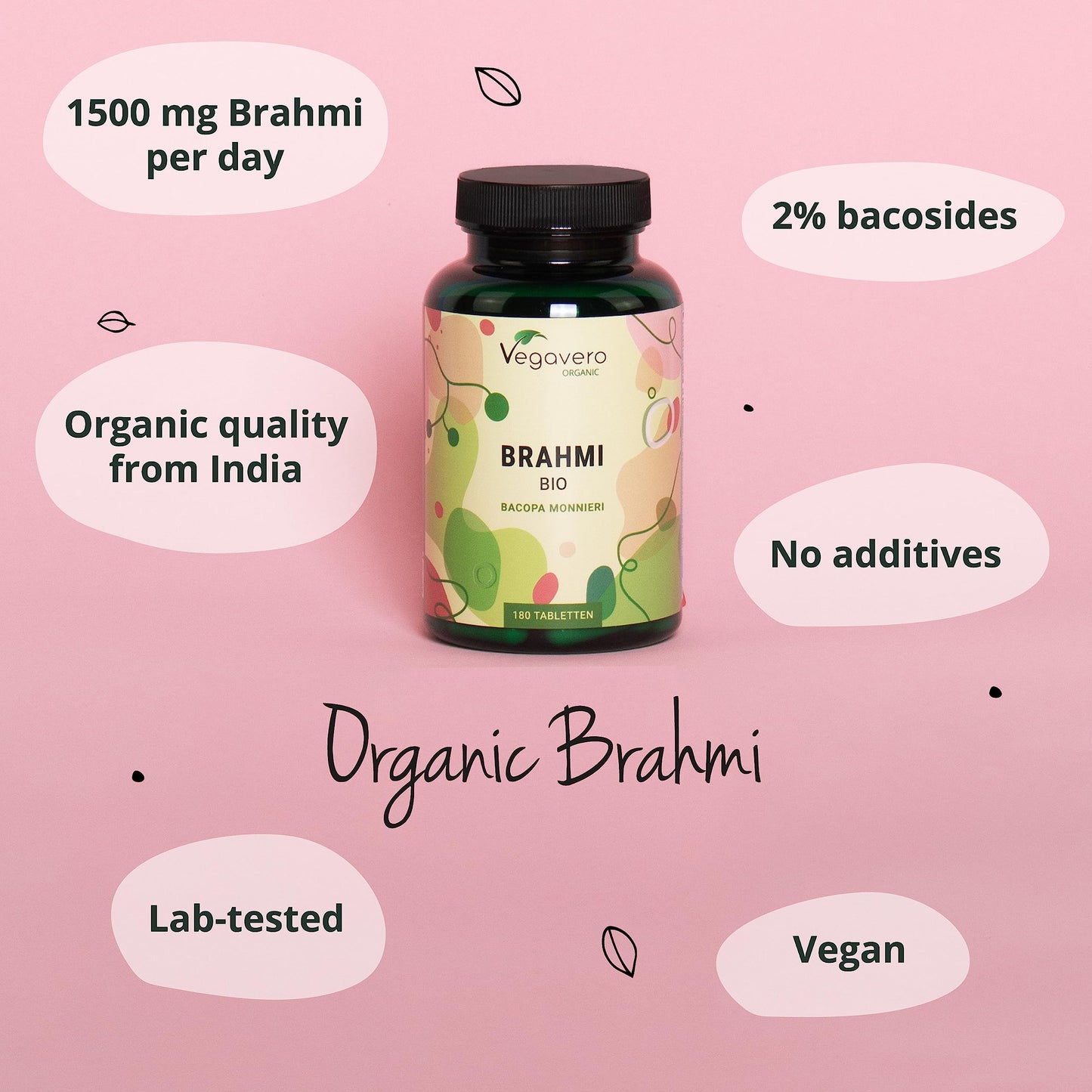 Organic Bacopa Monnieri Vegavero® | 750mg Brahmi Per Tablet | Natural Bacosides | NO Additives, Lab-Tested | 180 Tablets | Vegan