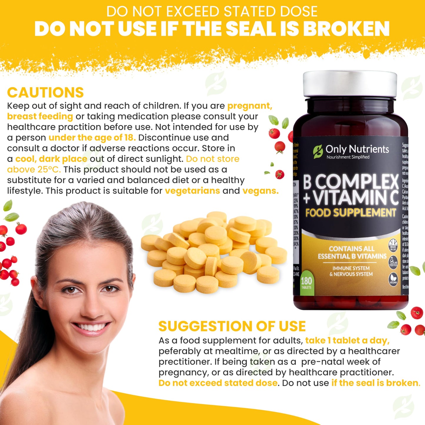 Only Nutrients | B Complex + Vitamin C | 180 Vegan Tablets (6 Months Supply) | All 8 B Vitamins B1-B2-B3-B5-B6-B12, Biotin, Folic Acid, Enhanced for Energy, Immune & Nervous System Support - UK Made