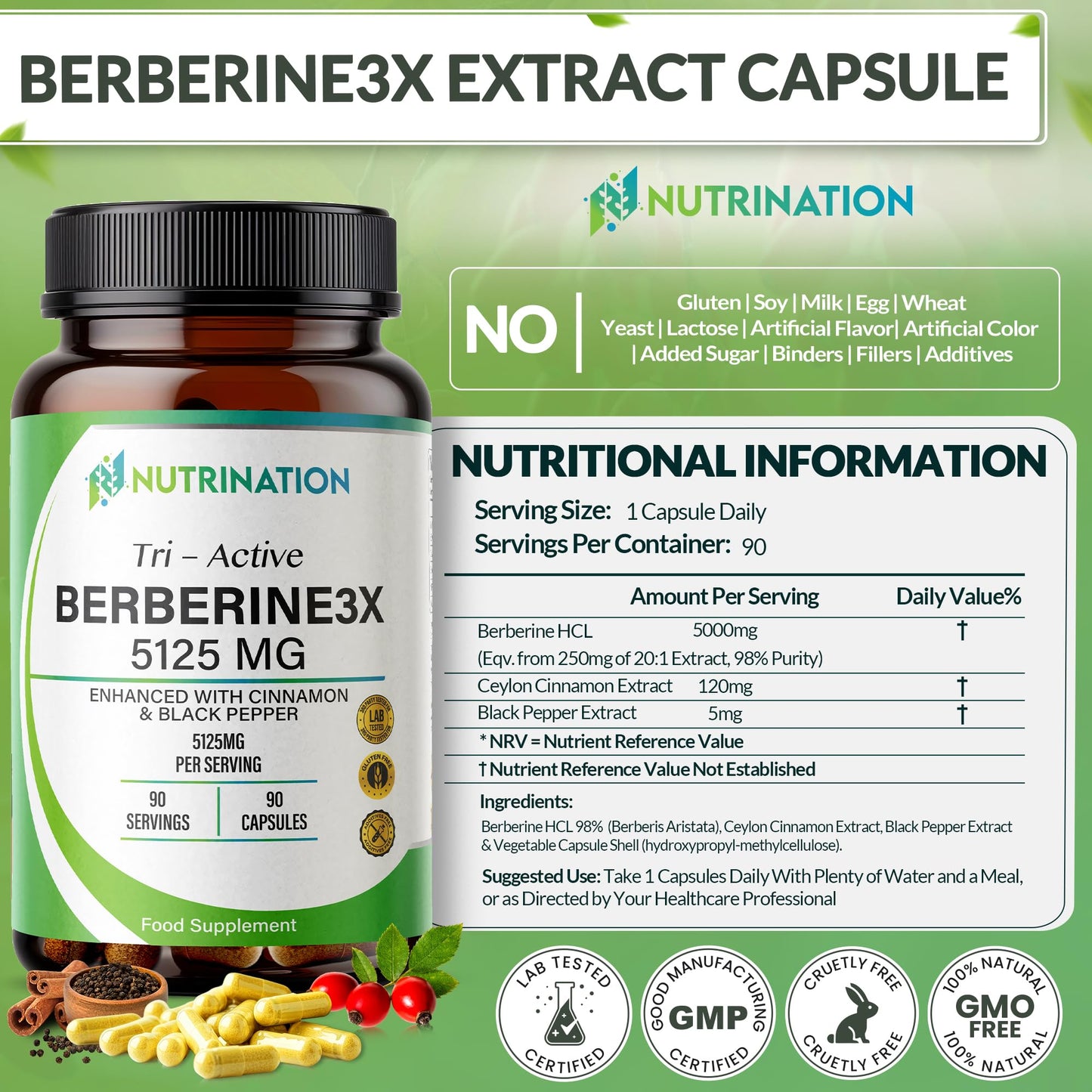 Berberine High Strength Supplement 5125mg | 3-Month Supply | 98% Pure Berberine HCL Capsules | Enhanced with Ceylon Cinnamon & Black Pepper | Zero Additives - Lab Tested