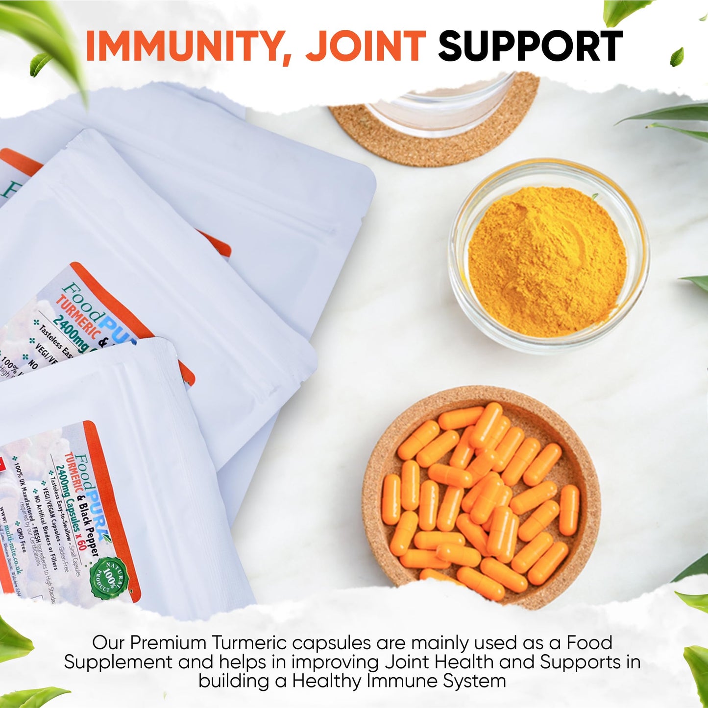 FoodPURA Turmeric with Black Pepper Capsules High Strength 2400mg HACCP Certified, Manufactured in The UK by FoodPURA 1 Pack of 180 Capsules