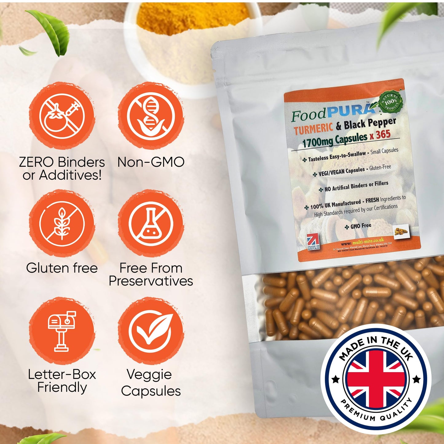 FoodPURA Turmeric with Black Pepper Capsules High Strength 1700mg HACCP Certified, Manufactured in The UK by FoodPURA 1 Pack of 365 Capsules … …