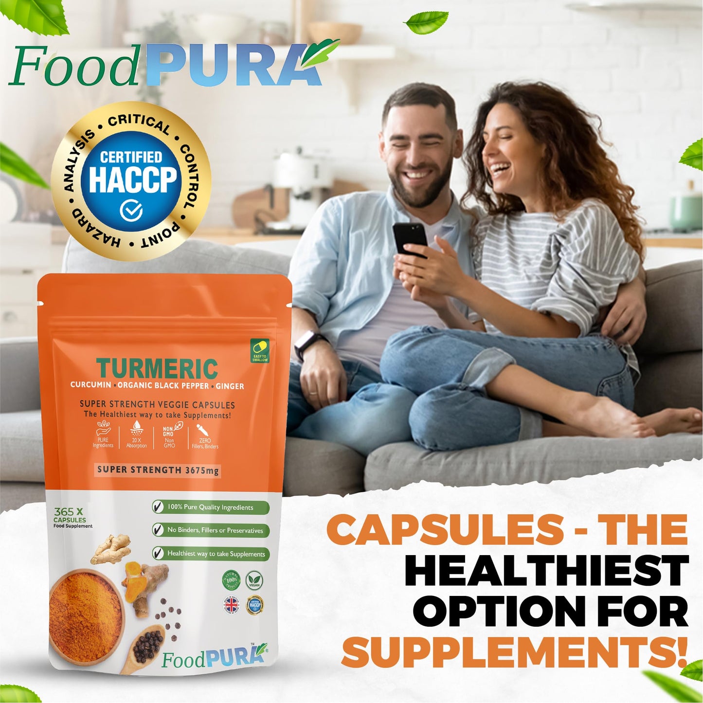 FoodPURA Turmeric Curcumin Capsules with Black Pepper & Ginger High Strength 3675mg HACCP Certified, Manufactured in The UK by FoodPURA (365)